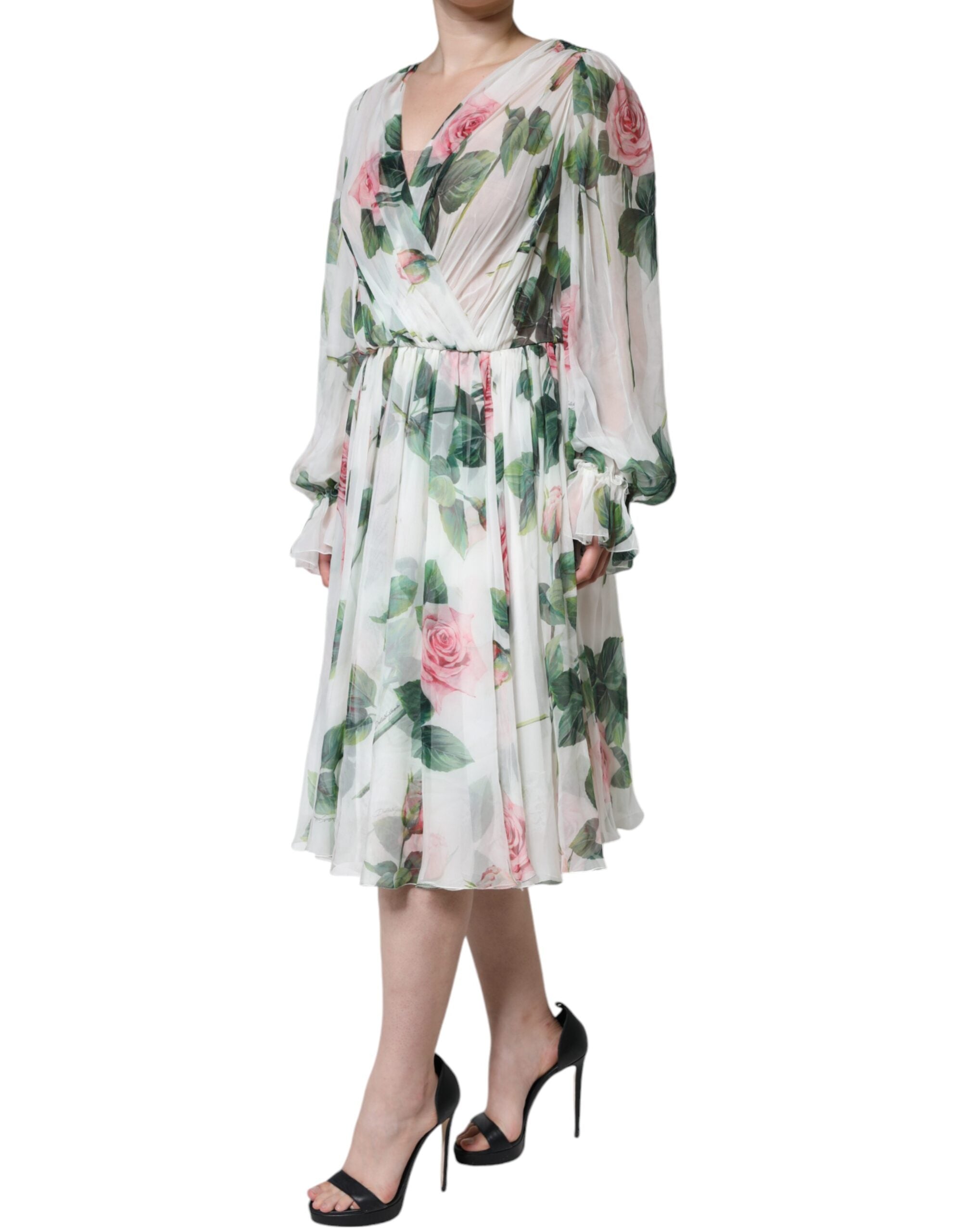 White Silk Floral Print A-line Midi Dress - ventzia