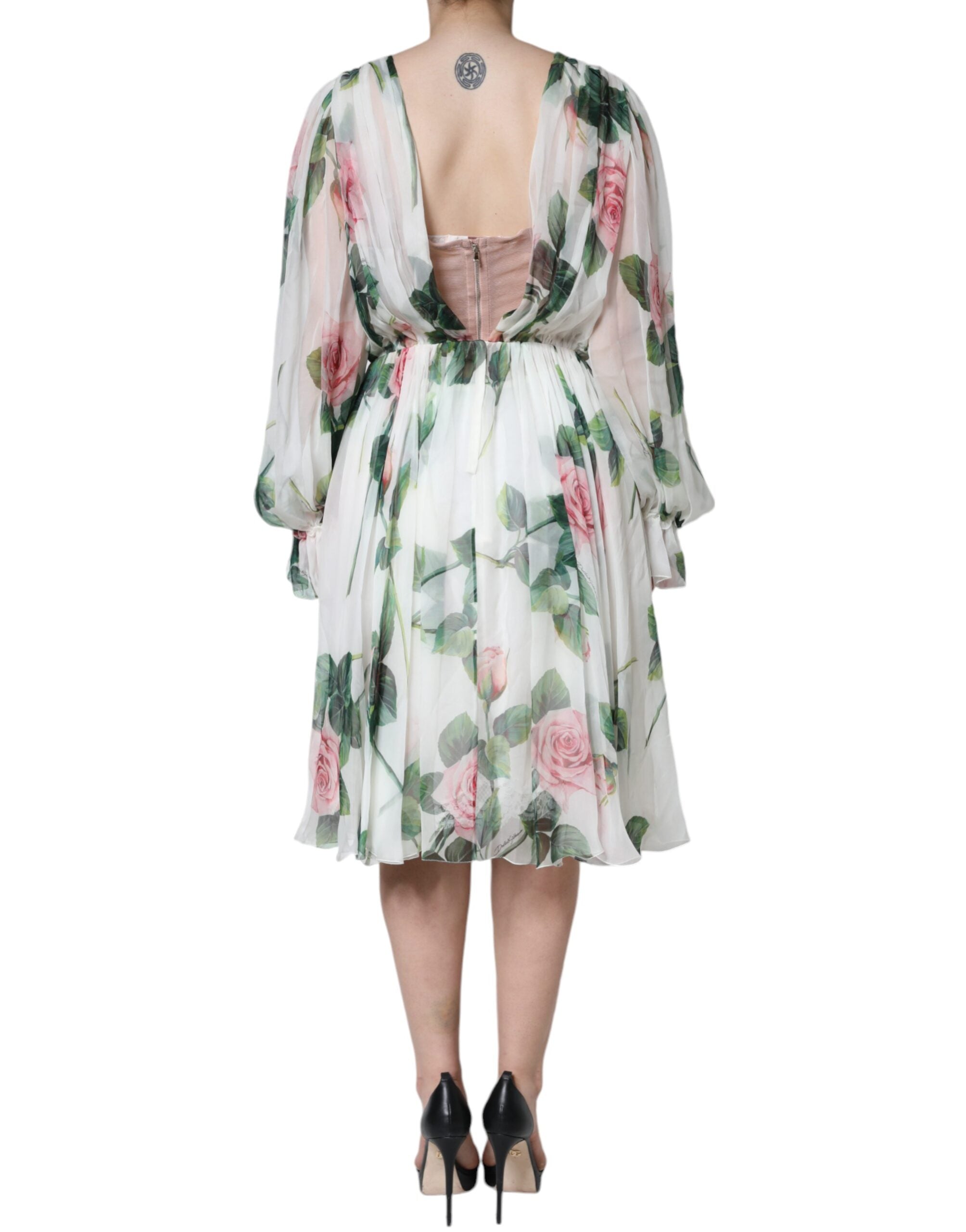 White Silk Floral Print A-line Midi Dress - ventzia