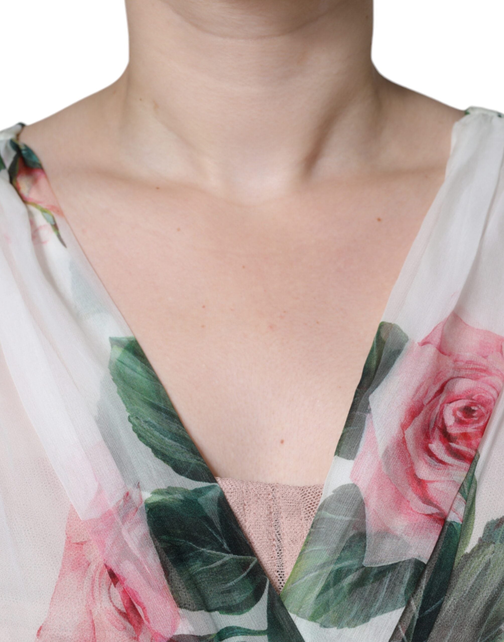 White Silk Floral Print A-line Midi Dress - ventzia