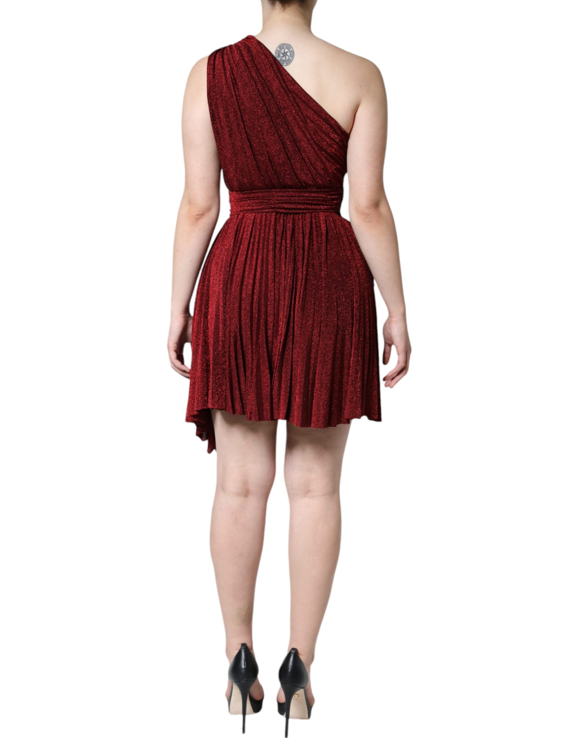 Red One Shoulder Pleated A-line Mini Dress - ventzia