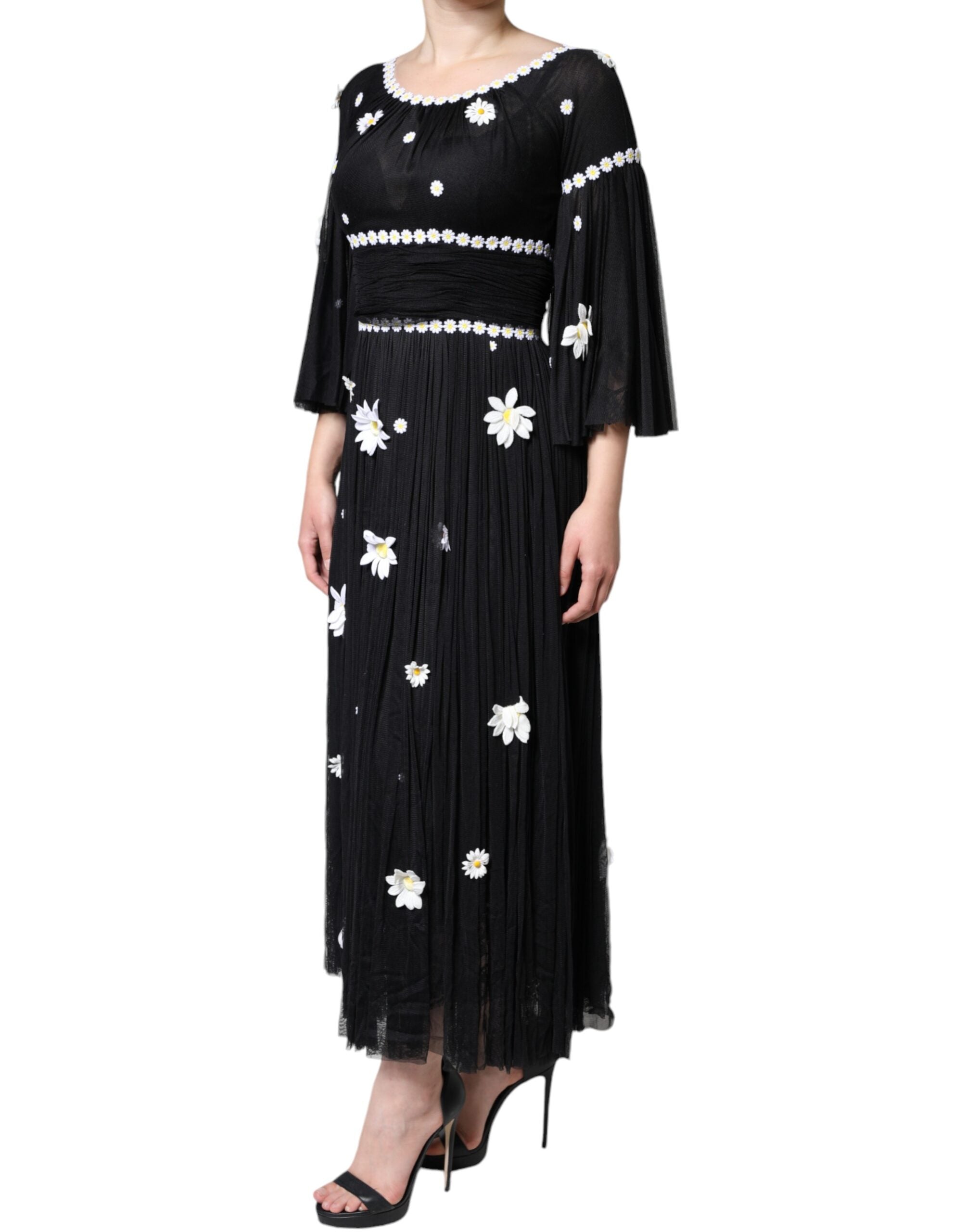 Black Silk Daisy A-line Long Maxi Dress - ventzia