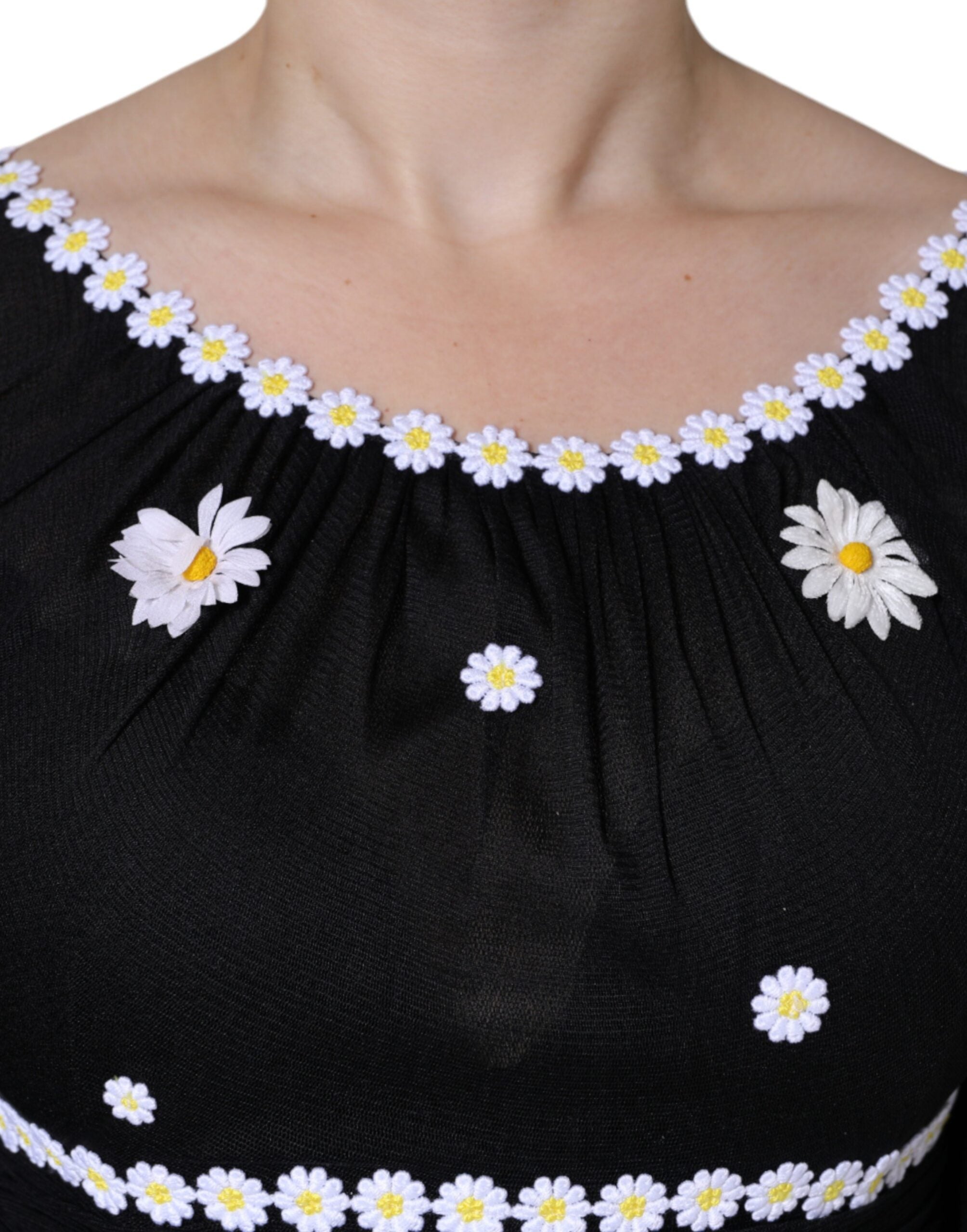 Black Silk Daisy A-line Long Maxi Dress - ventzia