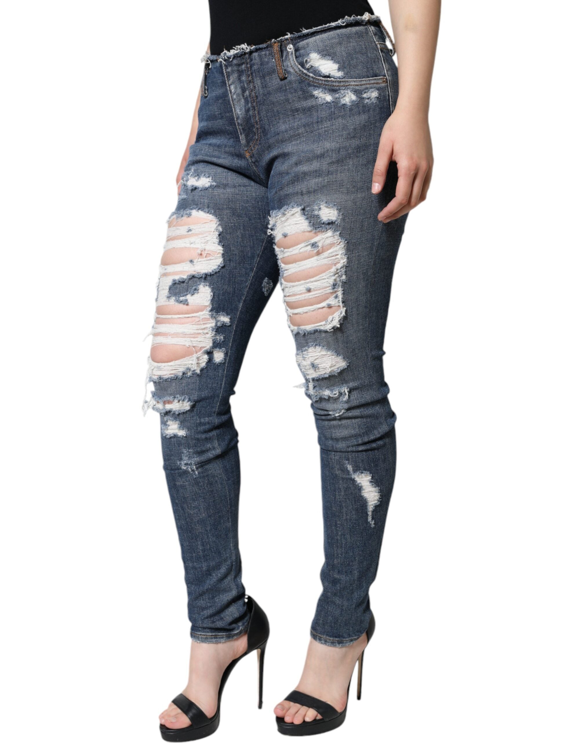 Blue Cotton Stretch Tattered Skinny Jeans - ventzia
