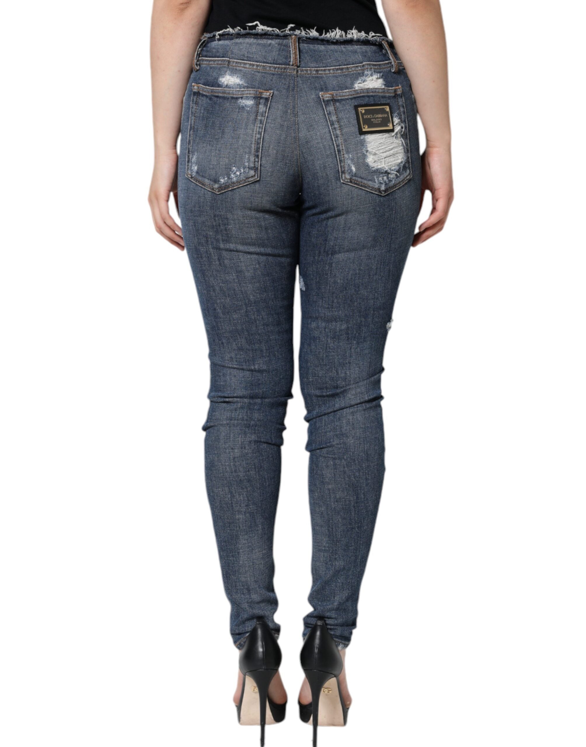 Blue Cotton Stretch Tattered Skinny Jeans - ventzia