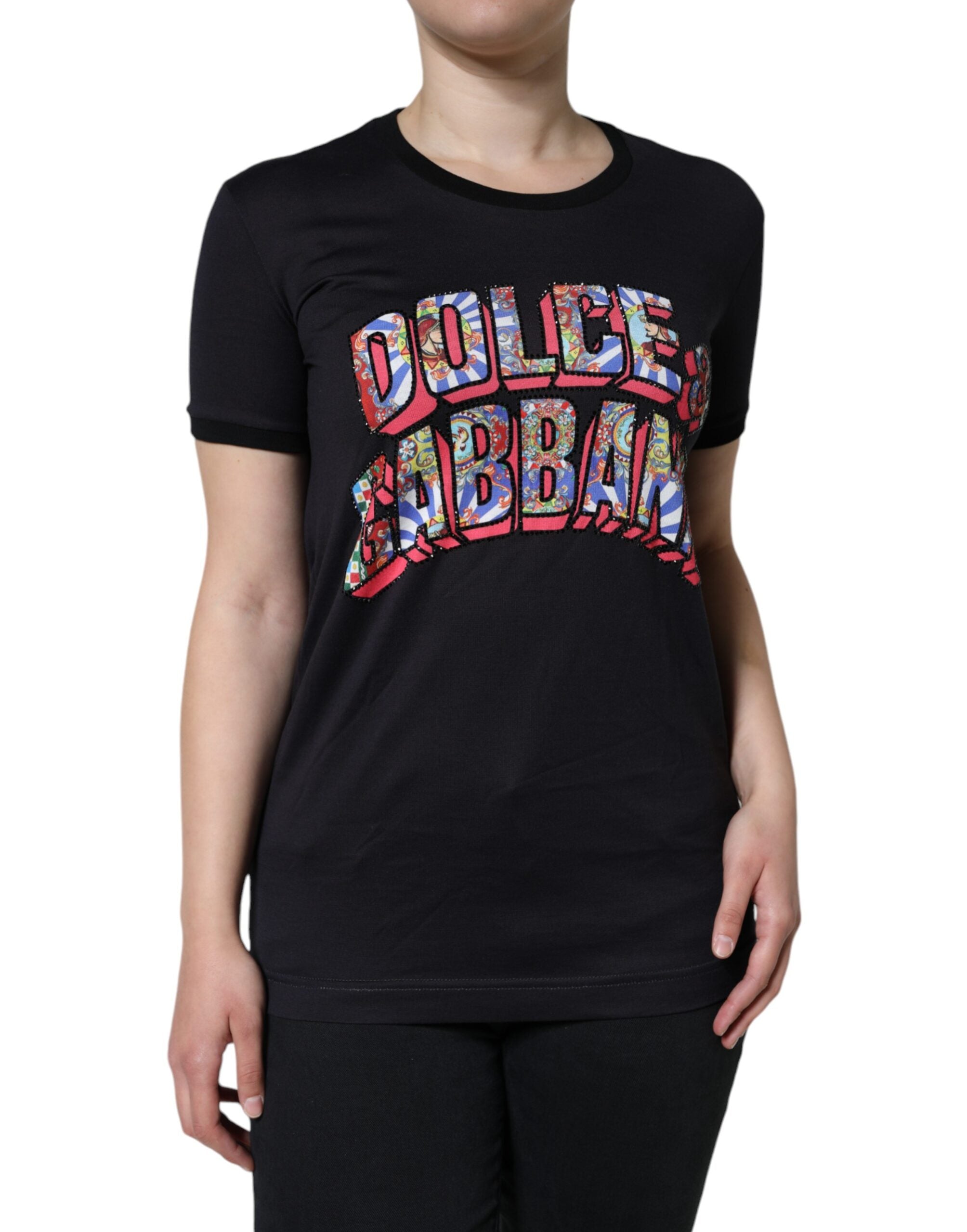 Black Cotton Logo Print Round Neck T-shirt - ventzia
