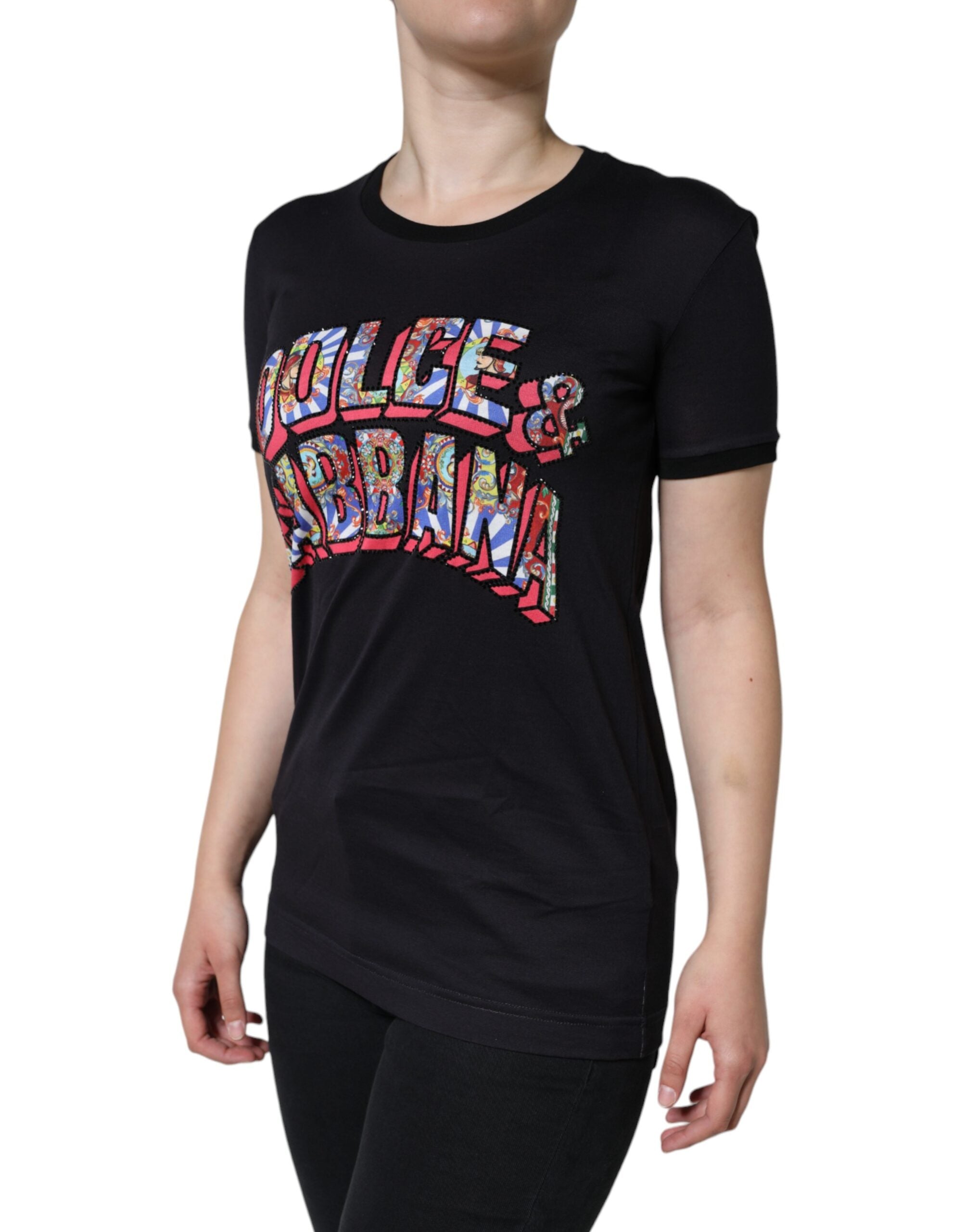 Black Cotton Logo Print Round Neck T-shirt - ventzia