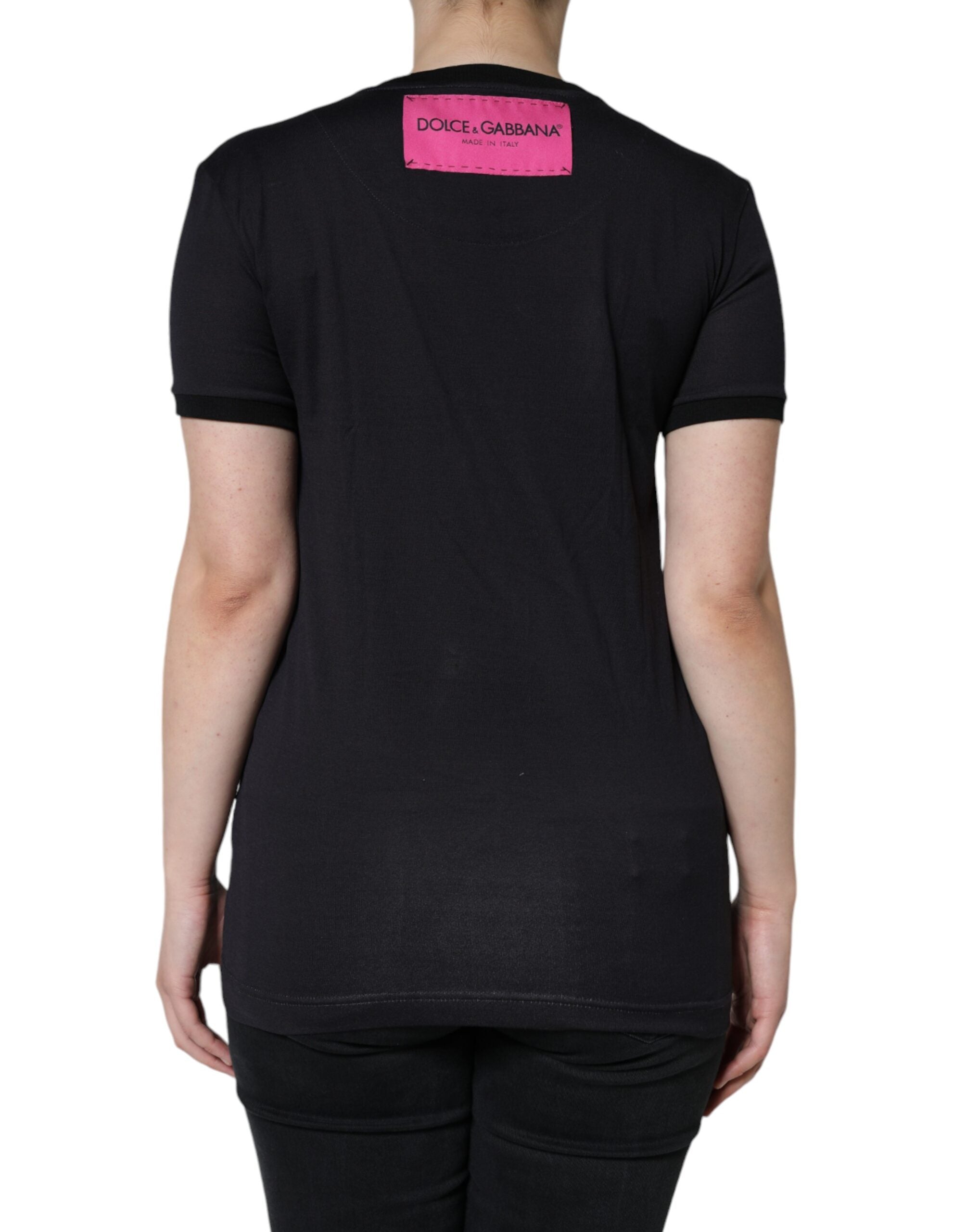 Black Cotton Logo Print Round Neck T-shirt - ventzia