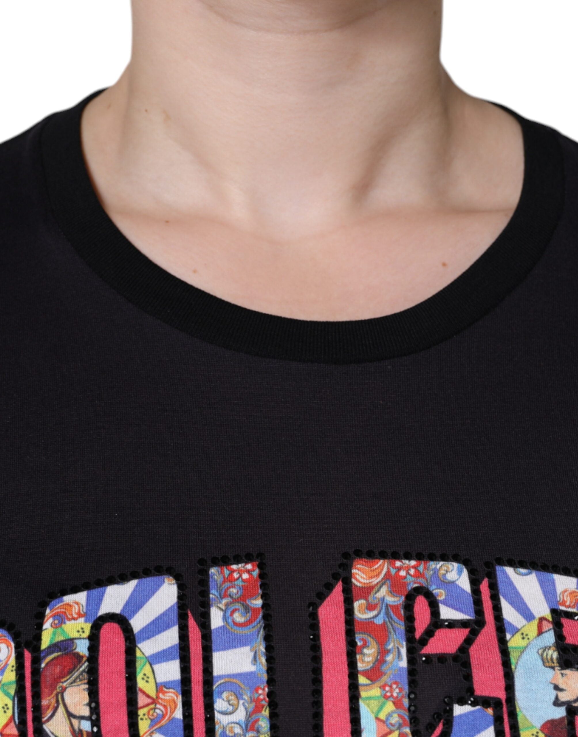 Black Cotton Logo Print Round Neck T-shirt - ventzia