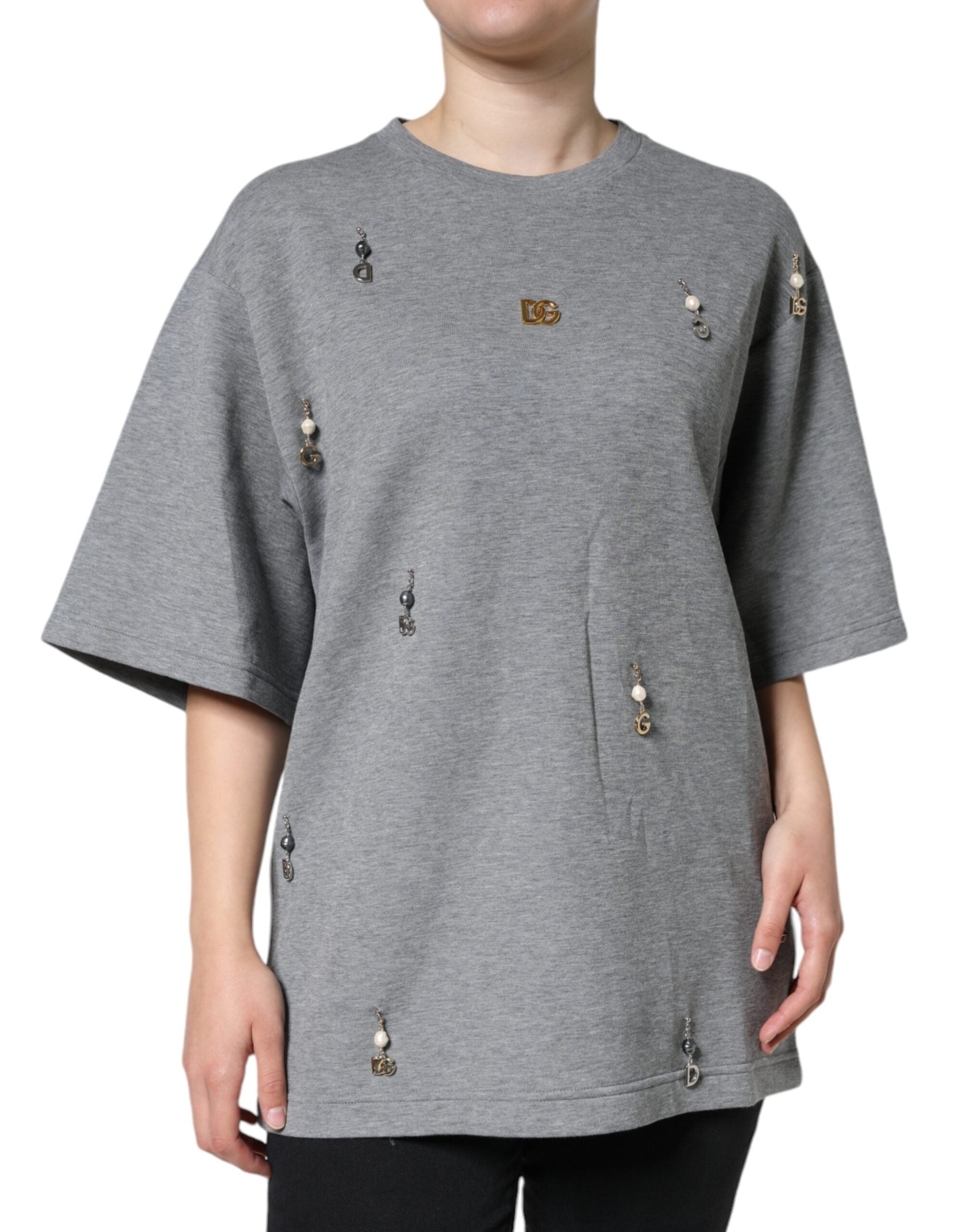 Gray Cotton Blend Embellished Tee T-shirt - ventzia