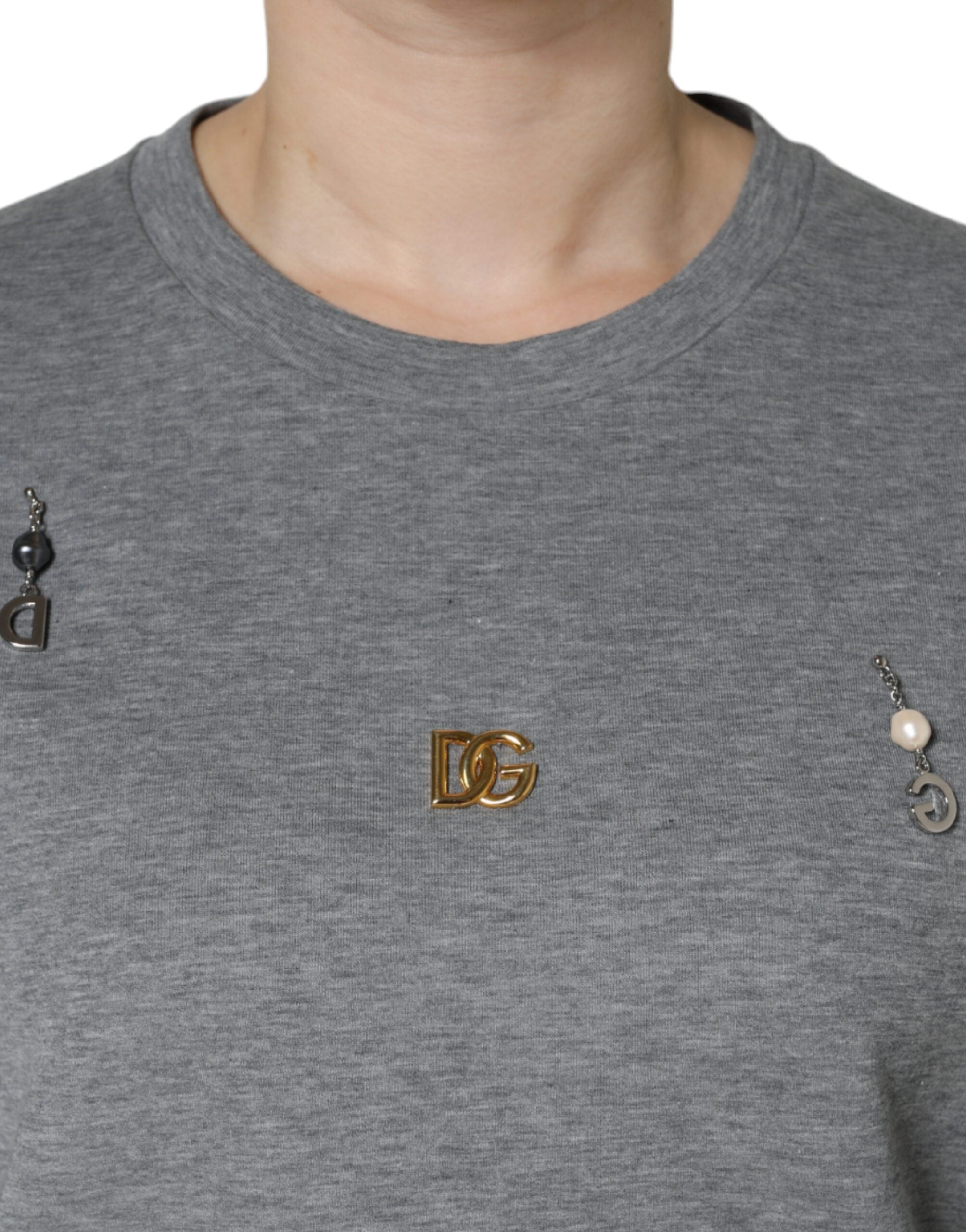 Gray Cotton Blend Embellished Tee T-shirt - ventzia