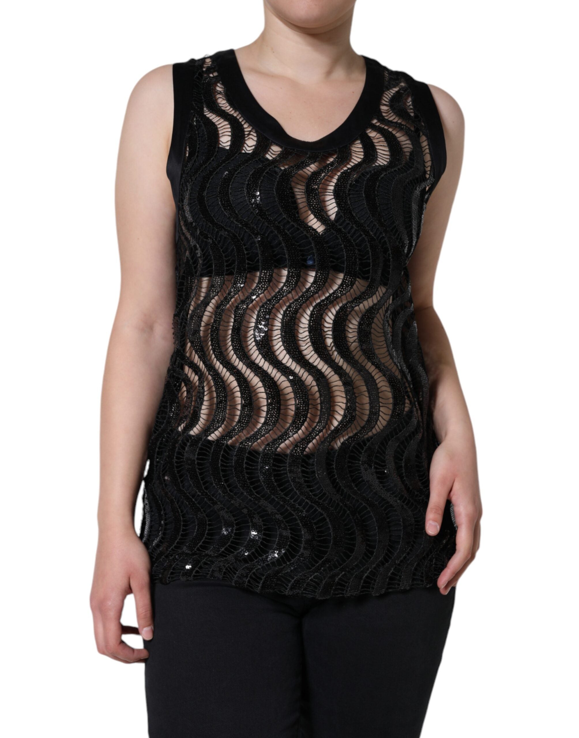Black Sequin Sleeveless Tank Blouse Top - ventzia