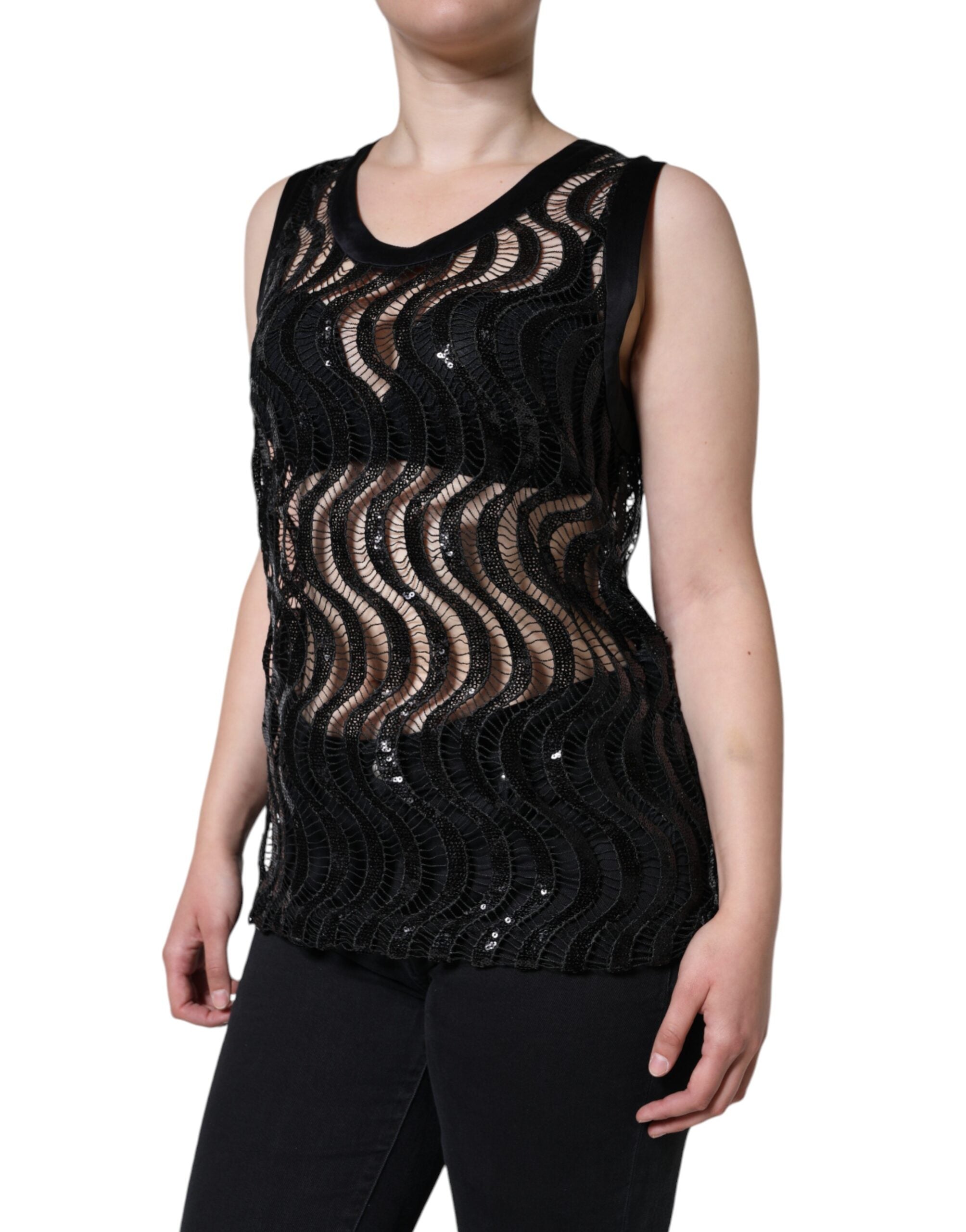 Black Sequin Sleeveless Tank Blouse Top - ventzia