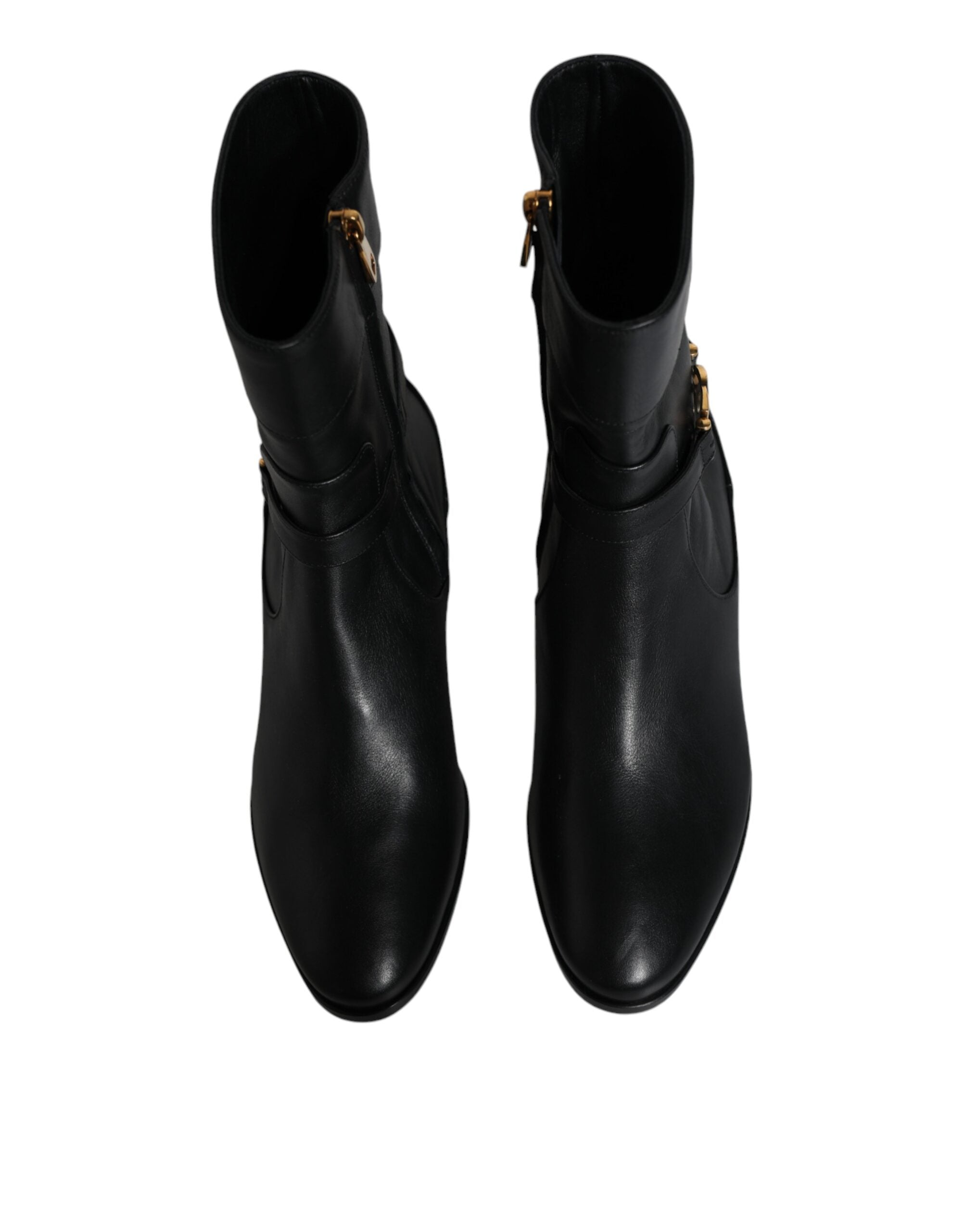Black Leather Logo Mid Calf Boots Shoes - ventzia