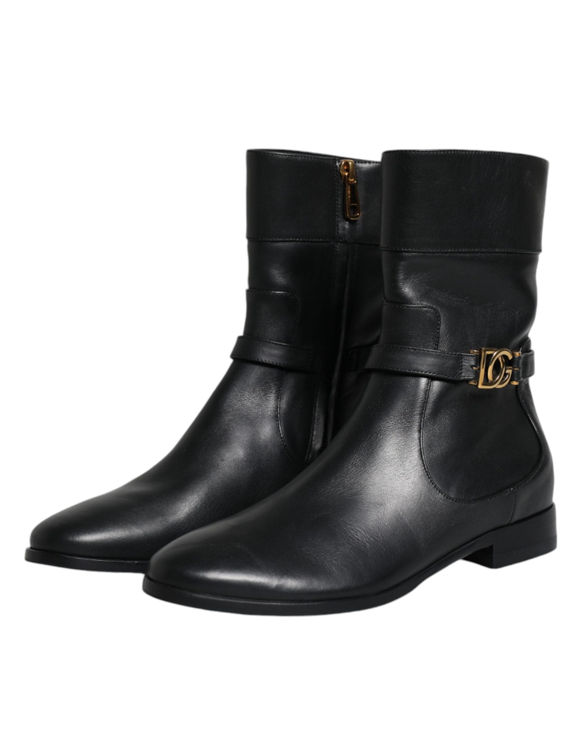 Black Leather Logo Mid Calf Boots Shoes - ventzia