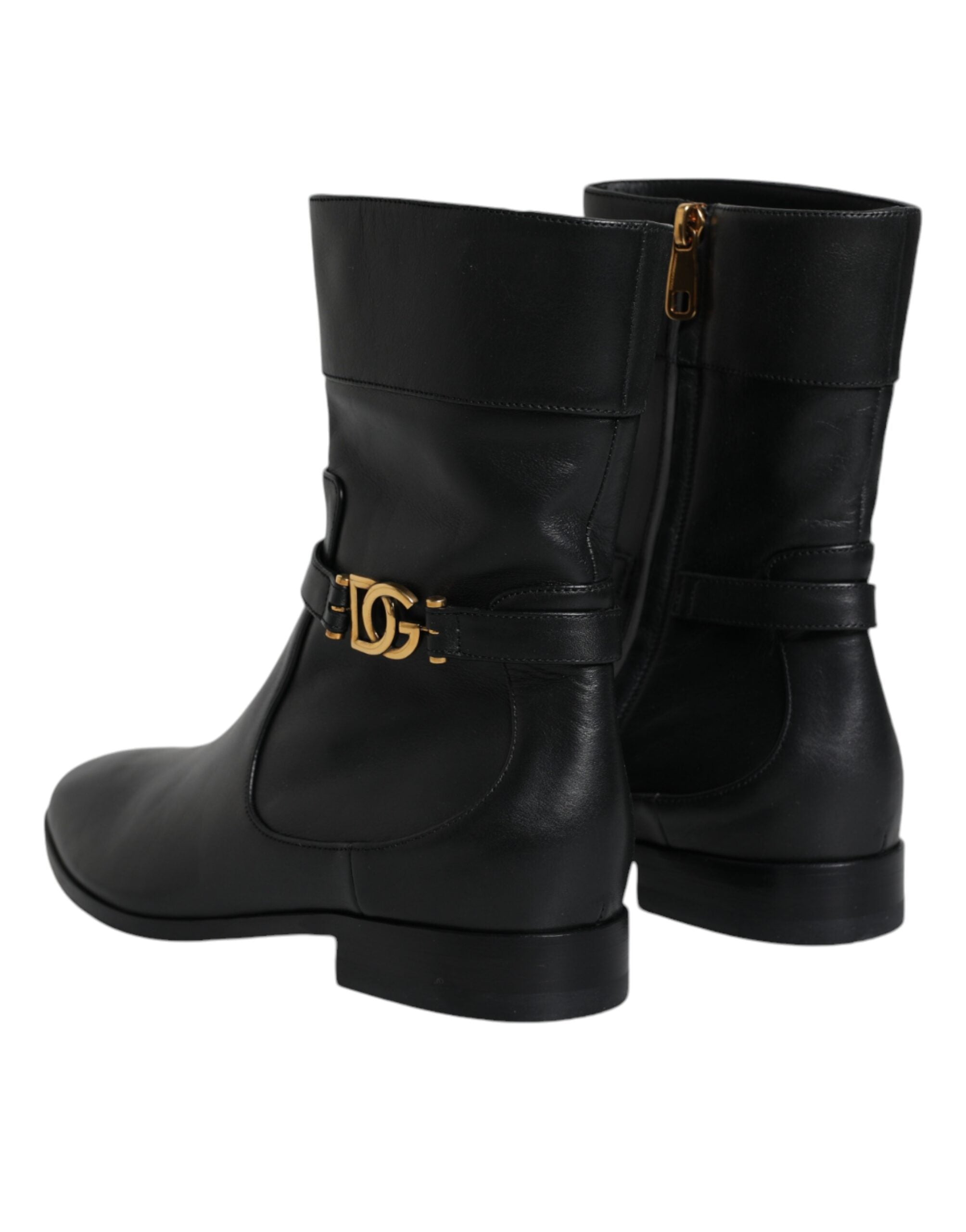 Black Leather Logo Mid Calf Boots Shoes - ventzia