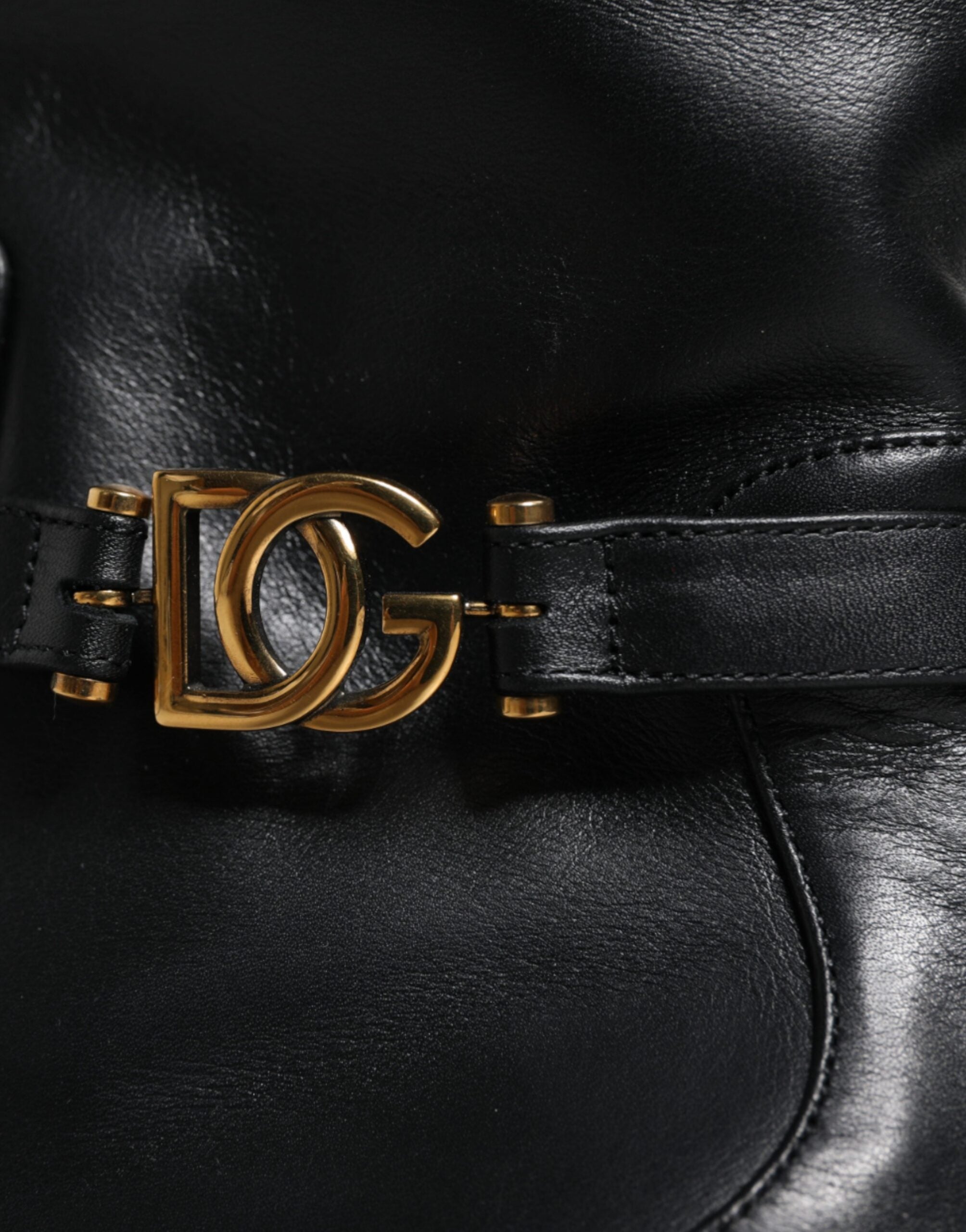 Black Leather Logo Mid Calf Boots Shoes - ventzia