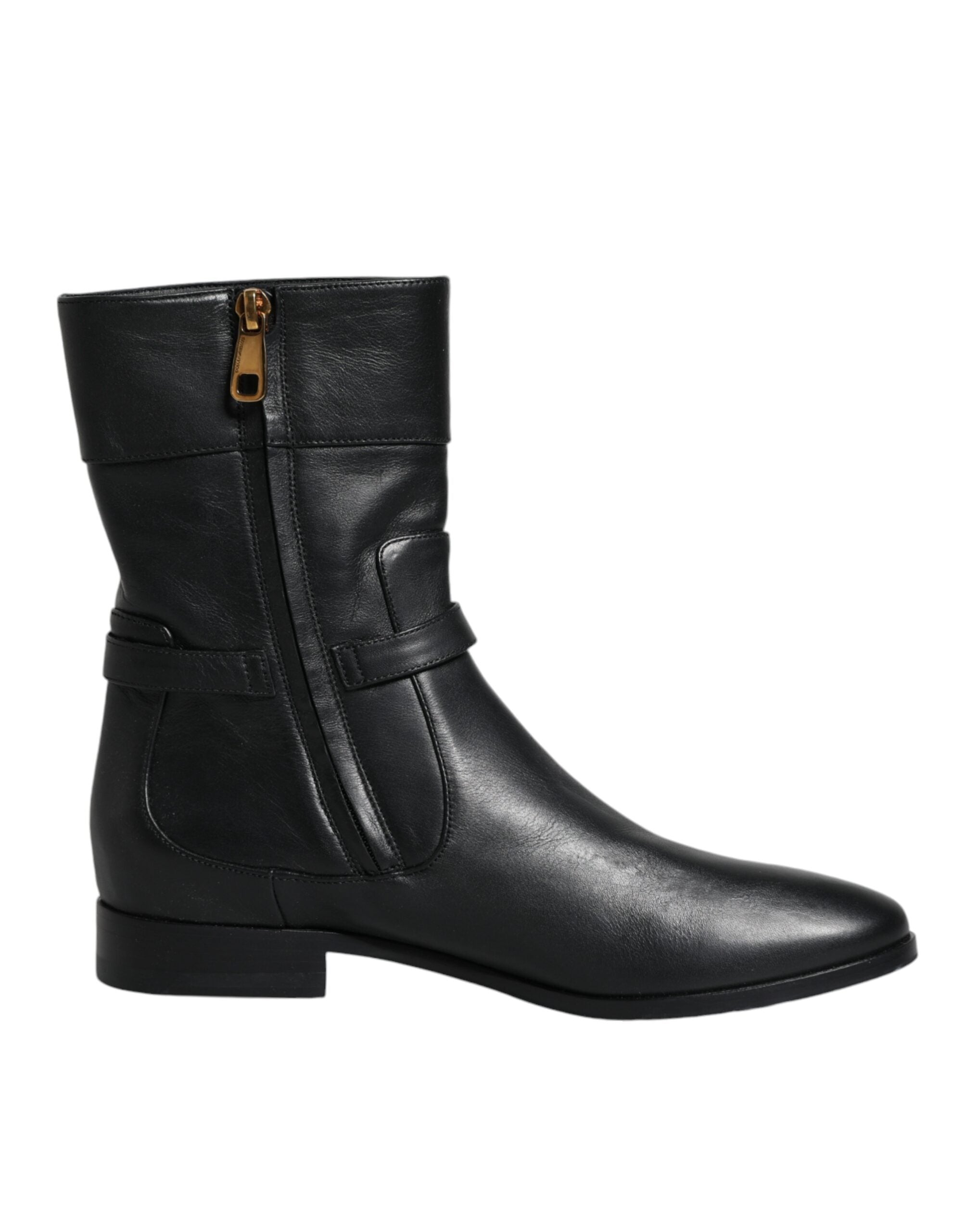 Black Leather Logo Mid Calf Boots Shoes - ventzia