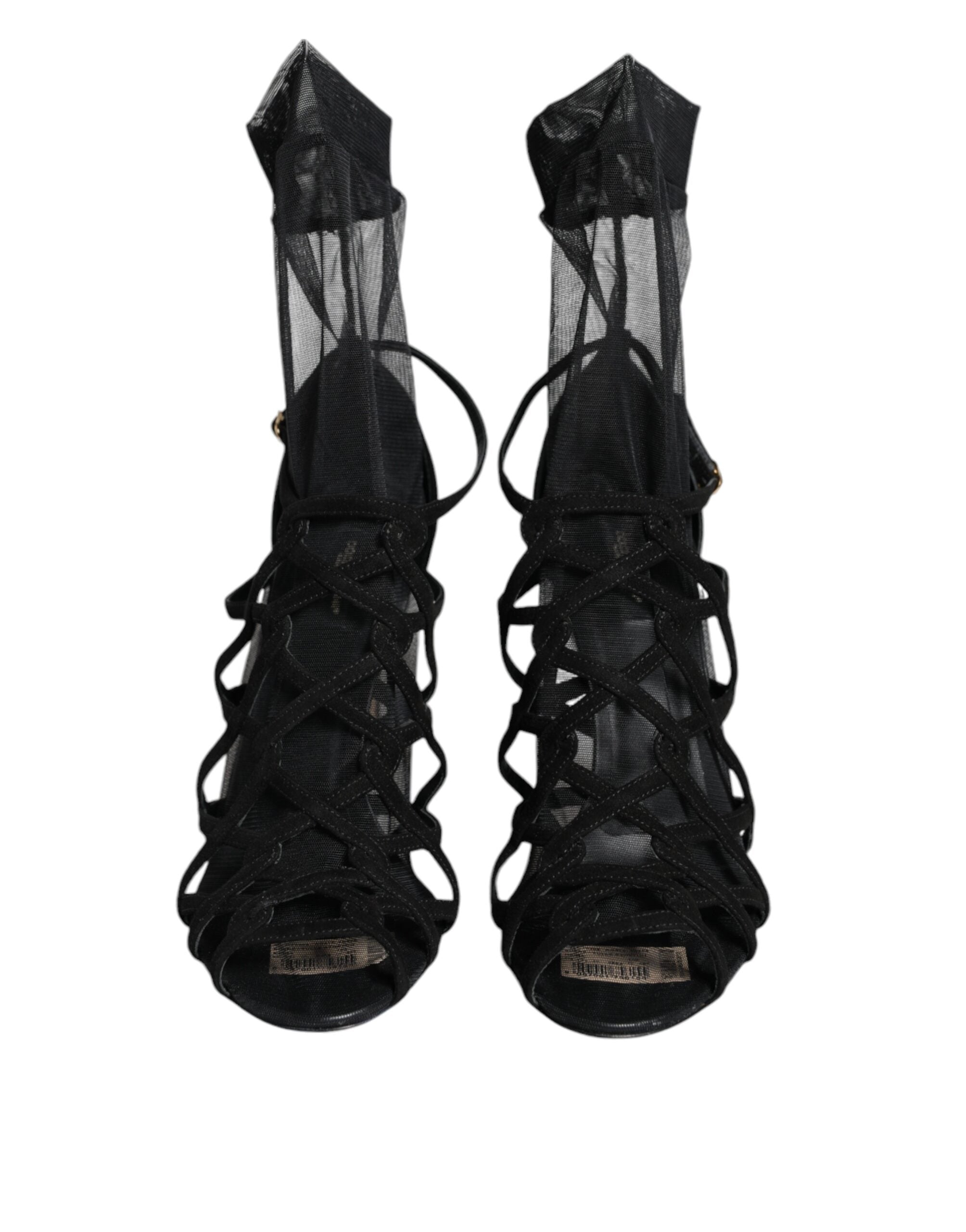 Black Tulle Stretch Heels Sandals Shoes - ventzia