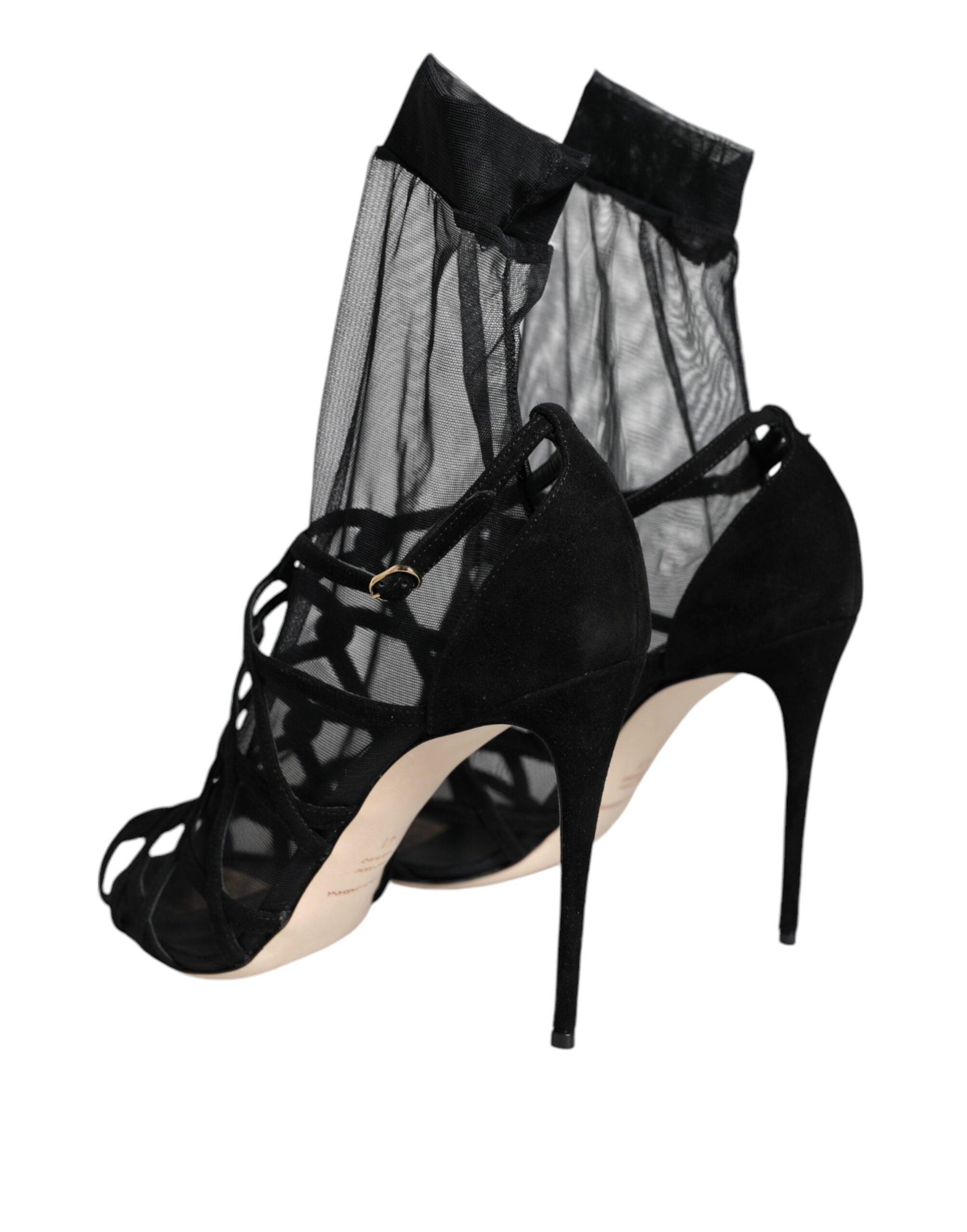 Black Tulle Stretch Heels Sandals Shoes - ventzia