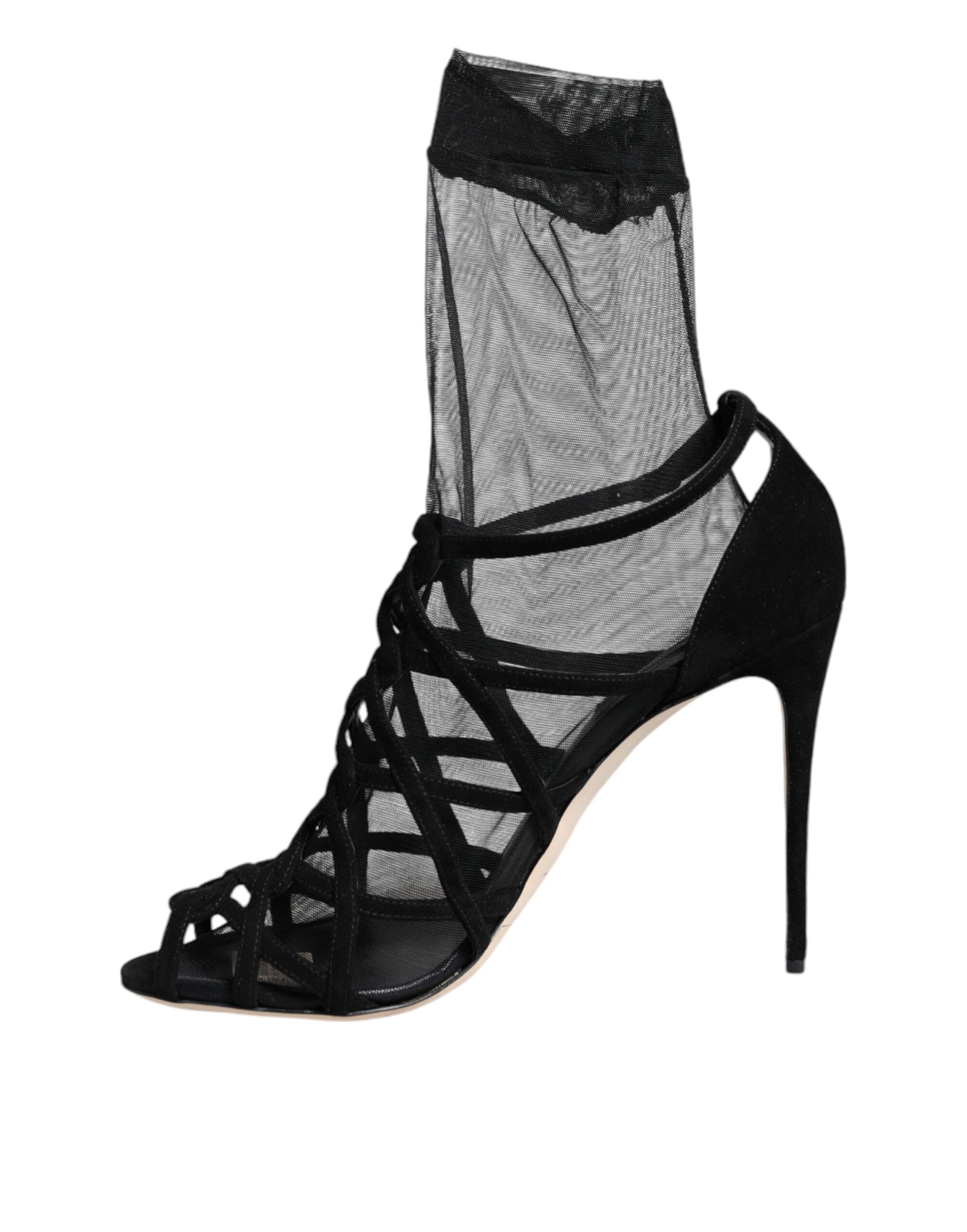 Black Tulle Stretch Heels Sandals Shoes - ventzia