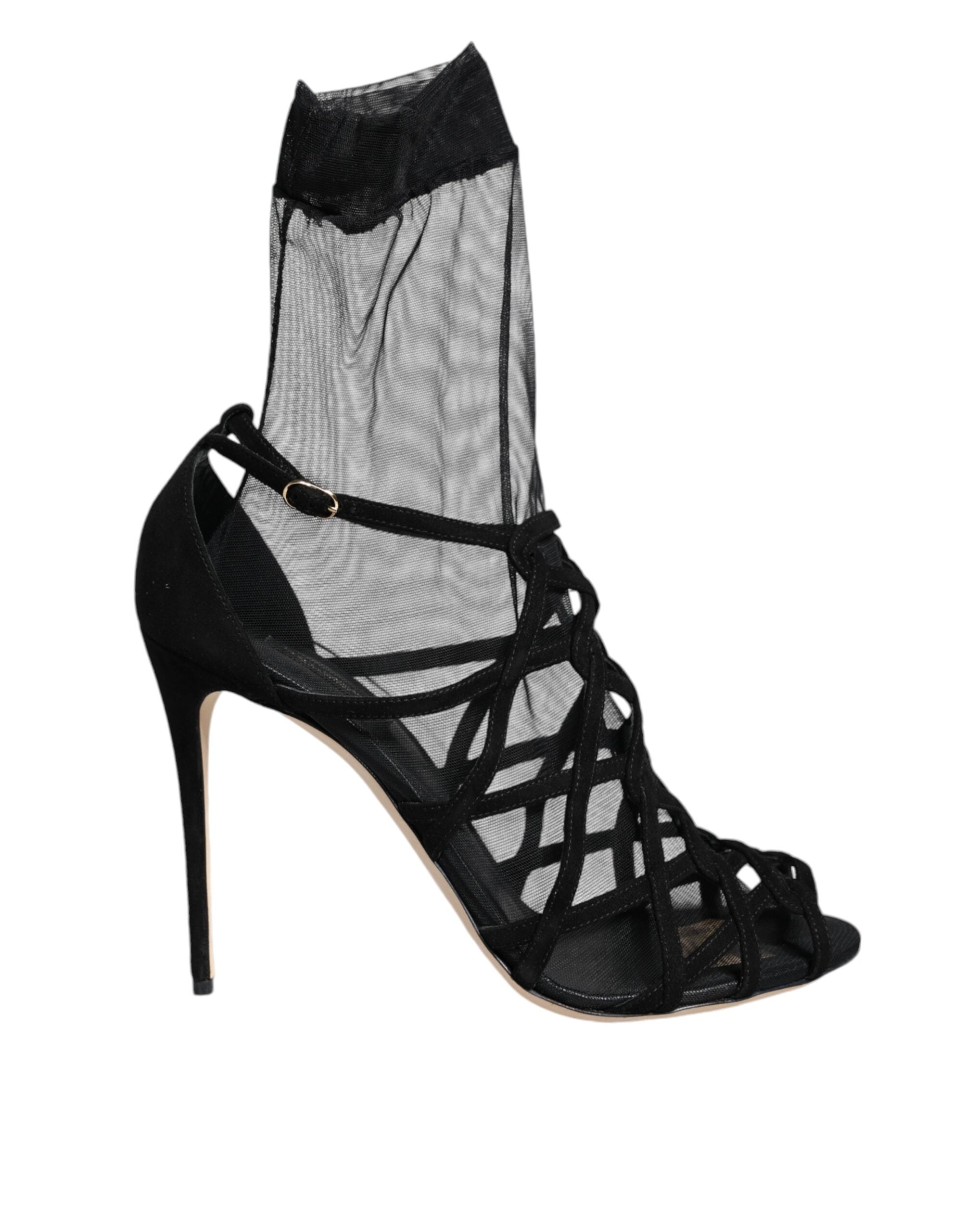 Black Tulle Stretch Heels Sandals Shoes - ventzia