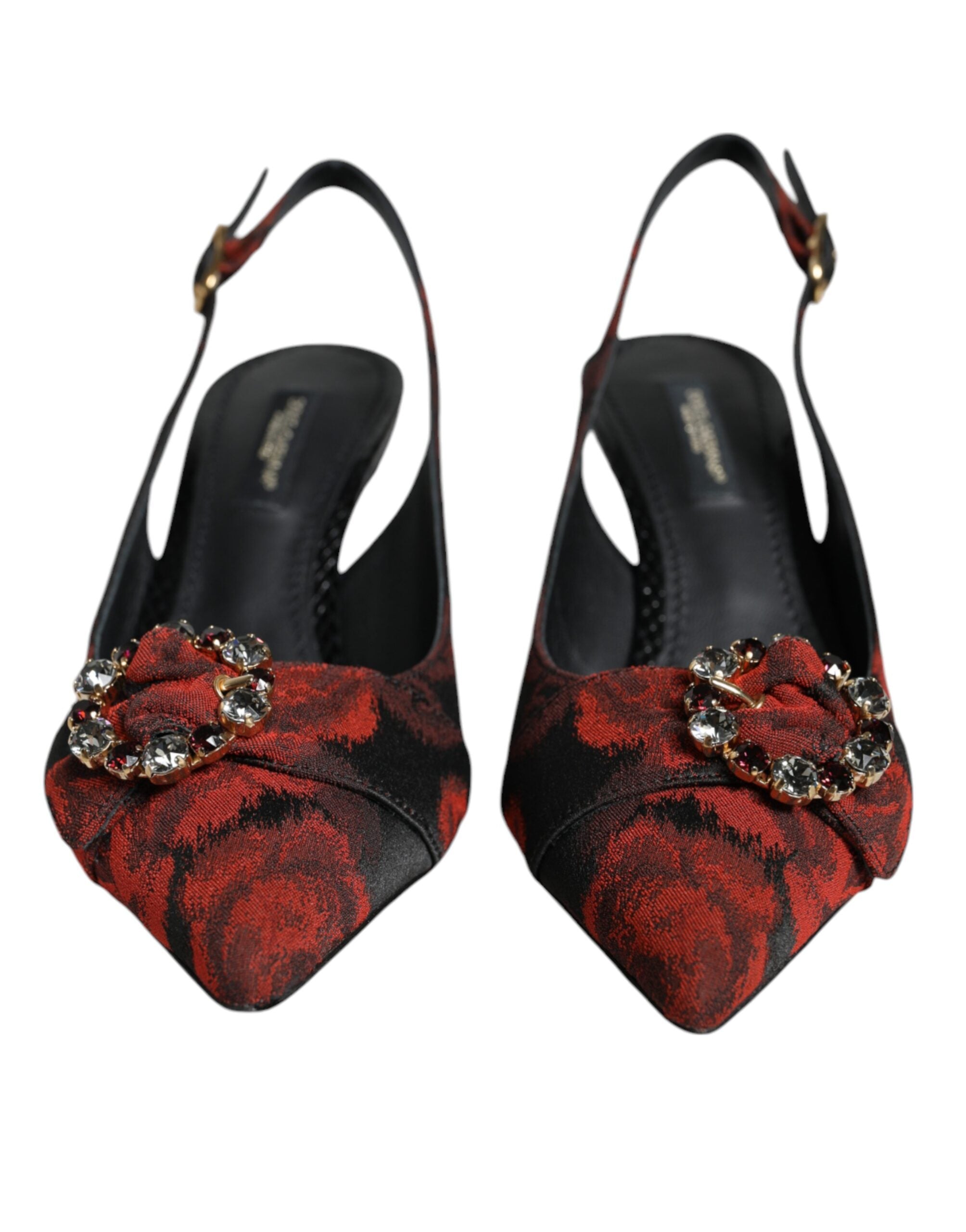 Black Red Floral Crystal Heel Slingback Shoes - ventzia