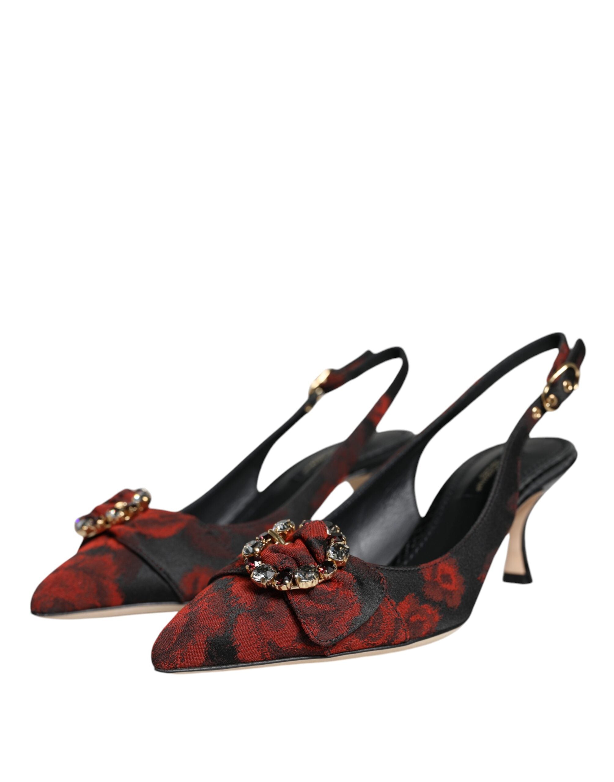 Black Red Floral Crystal Heel Slingback Shoes - ventzia