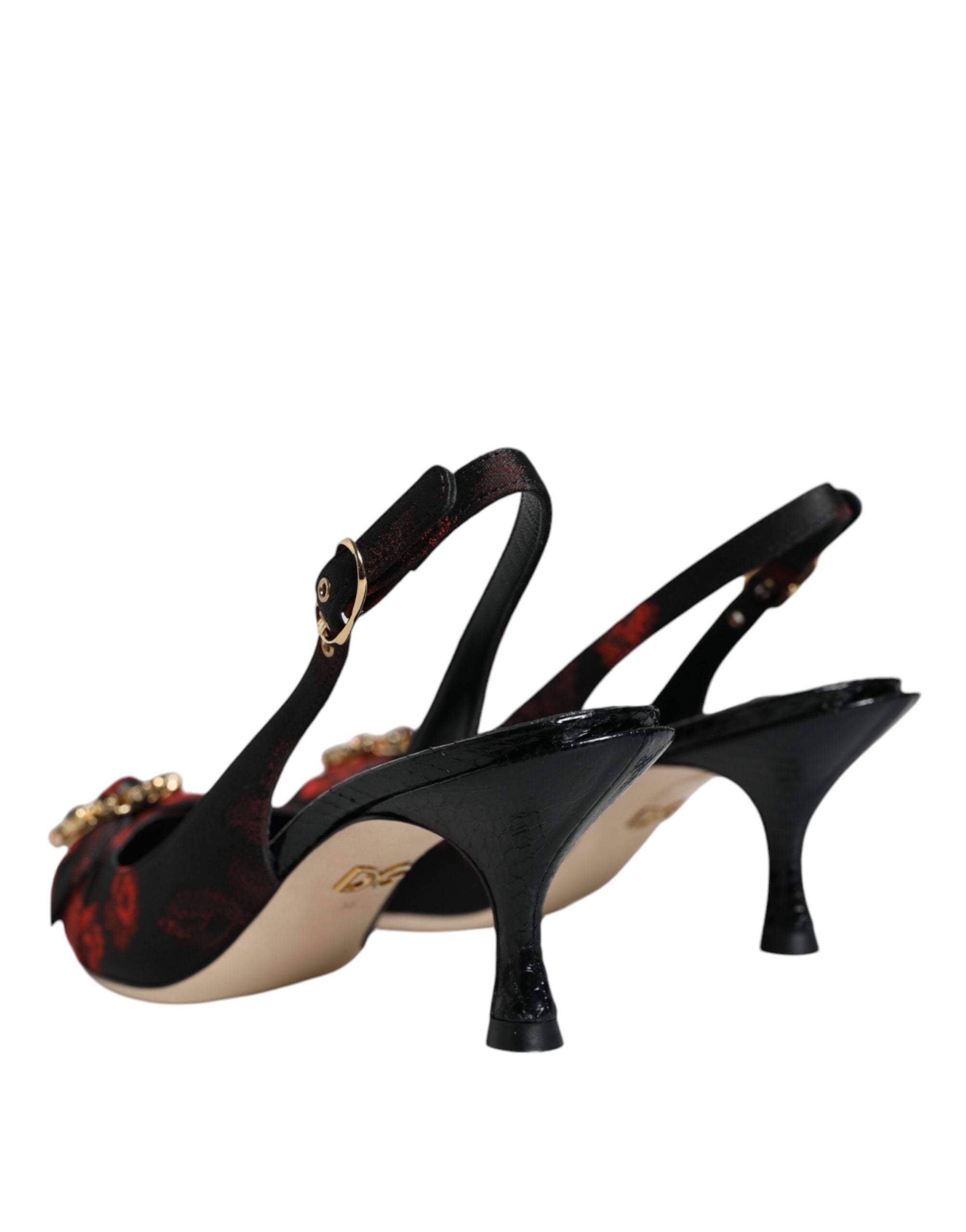 Black Red Floral Crystal Heel Slingback Shoes - ventzia