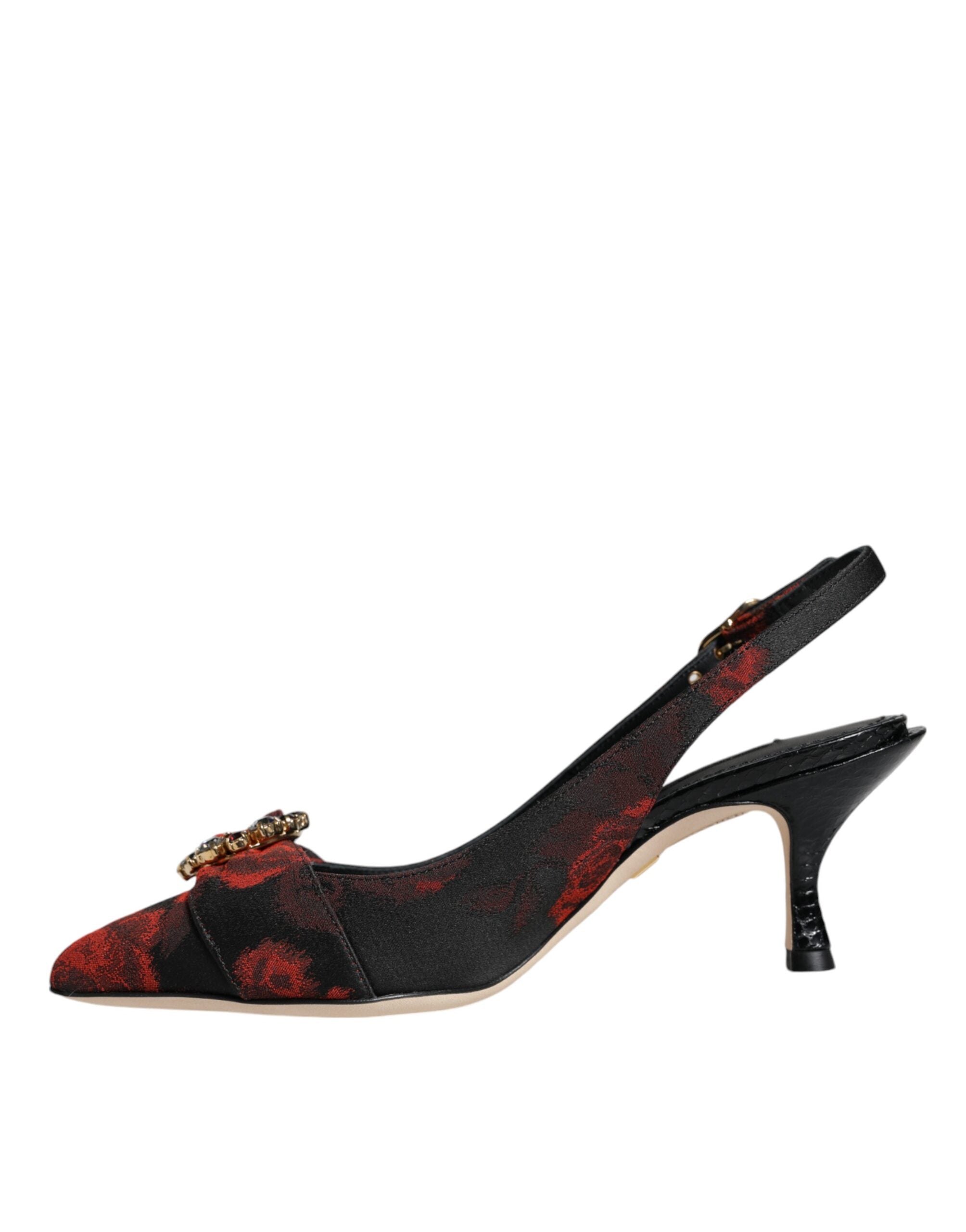 Black Red Floral Crystal Heel Slingback Shoes - ventzia