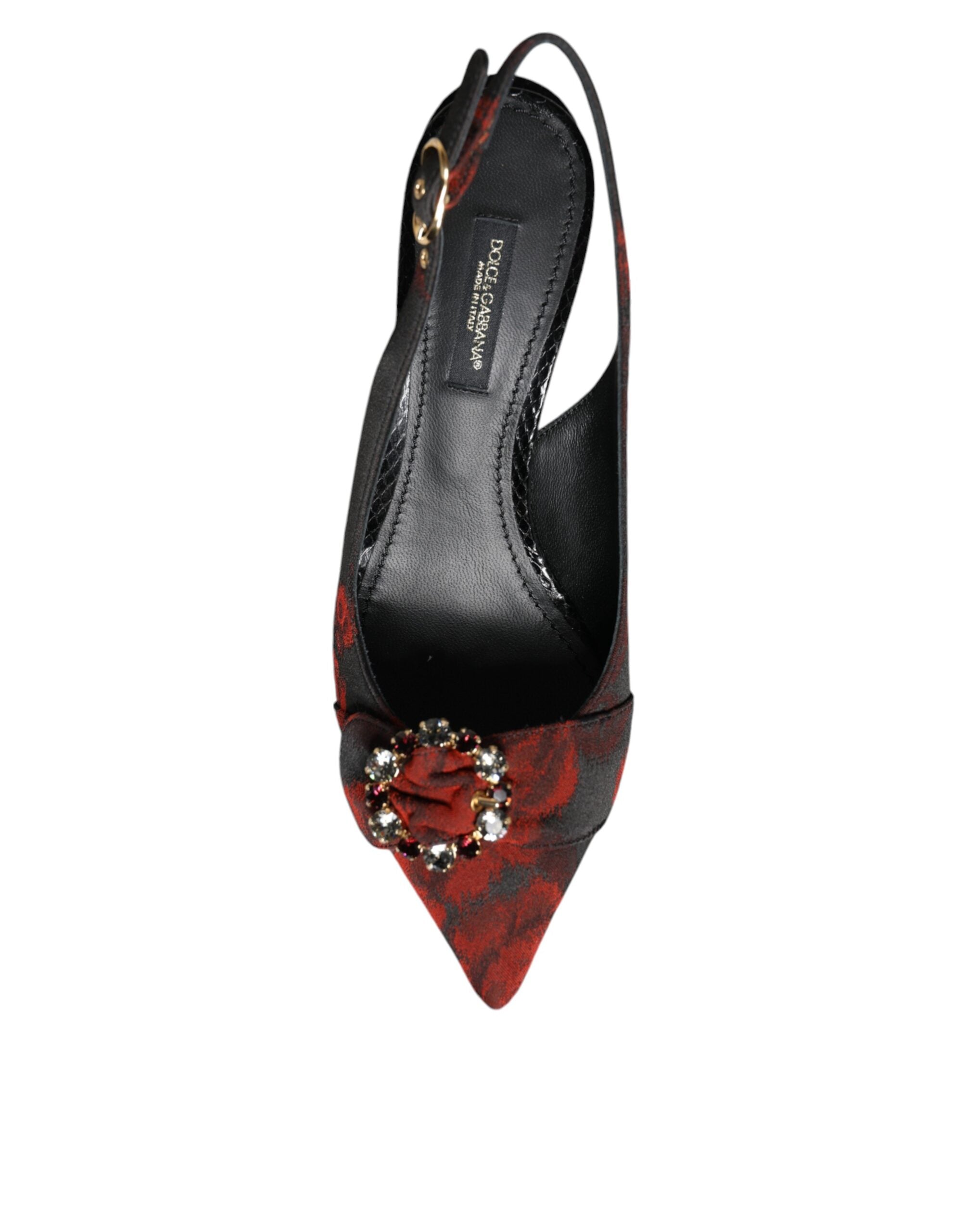 Black Red Floral Crystal Heel Slingback Shoes - ventzia