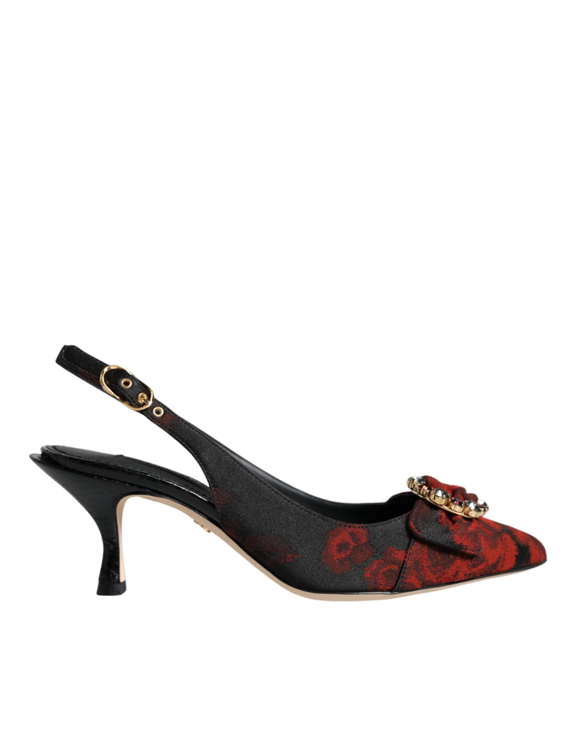 Black Red Floral Crystal Heel Slingback Shoes - ventzia