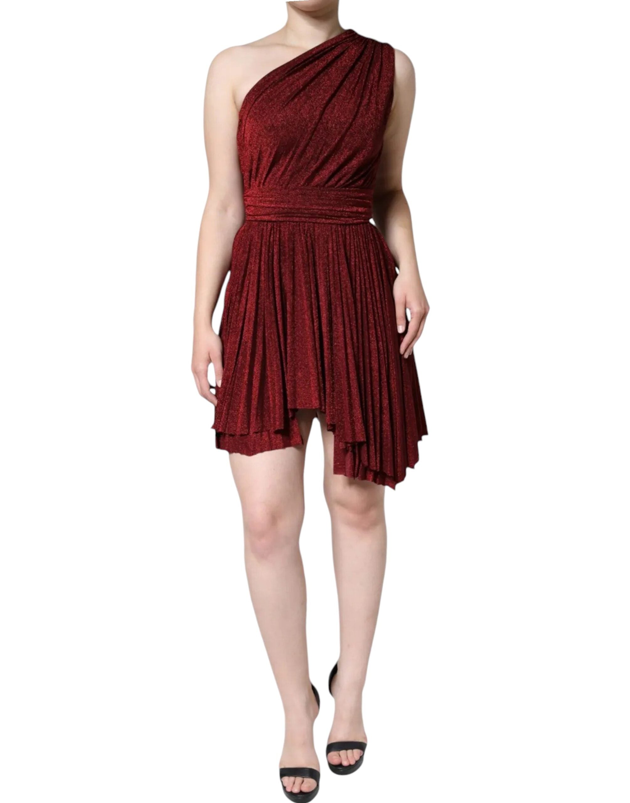 Red One Shoulder Pleated A-line Mini Dress - ventzia