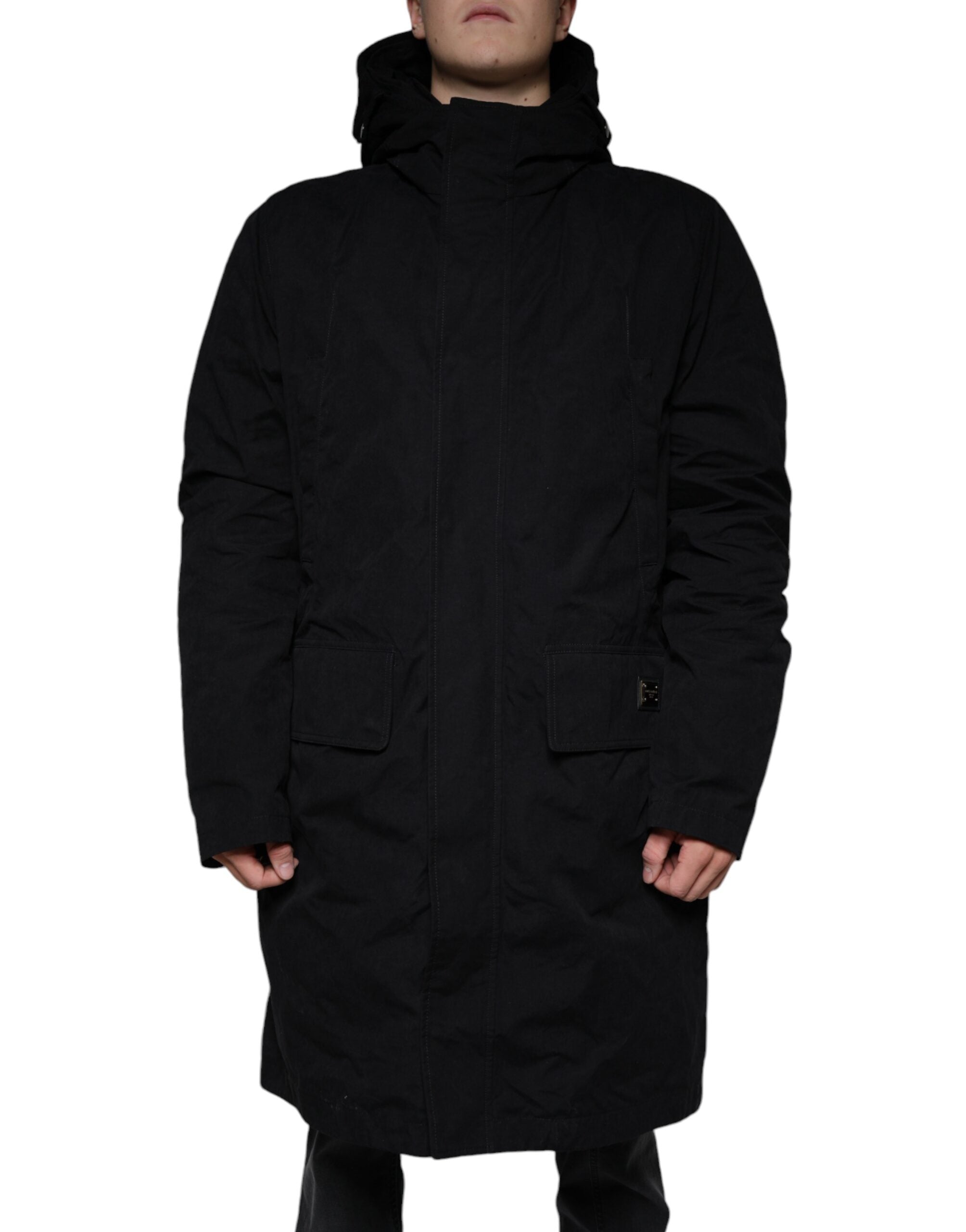 Black Hooded Parka Cotton Trench Coat Jacket - ventzia