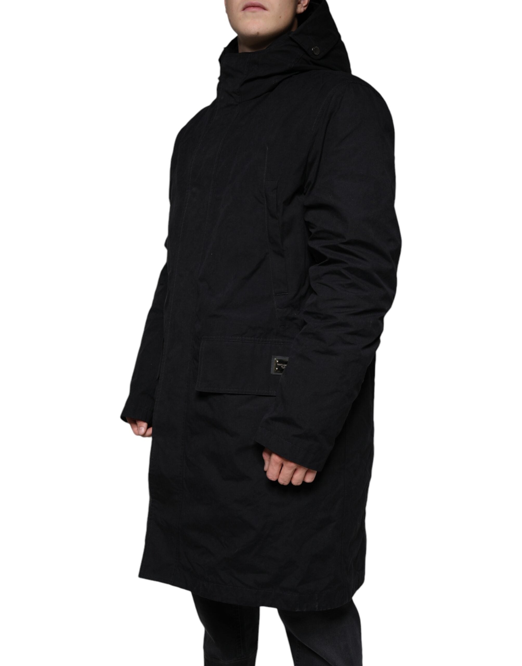 Black Hooded Parka Cotton Trench Coat Jacket - ventzia