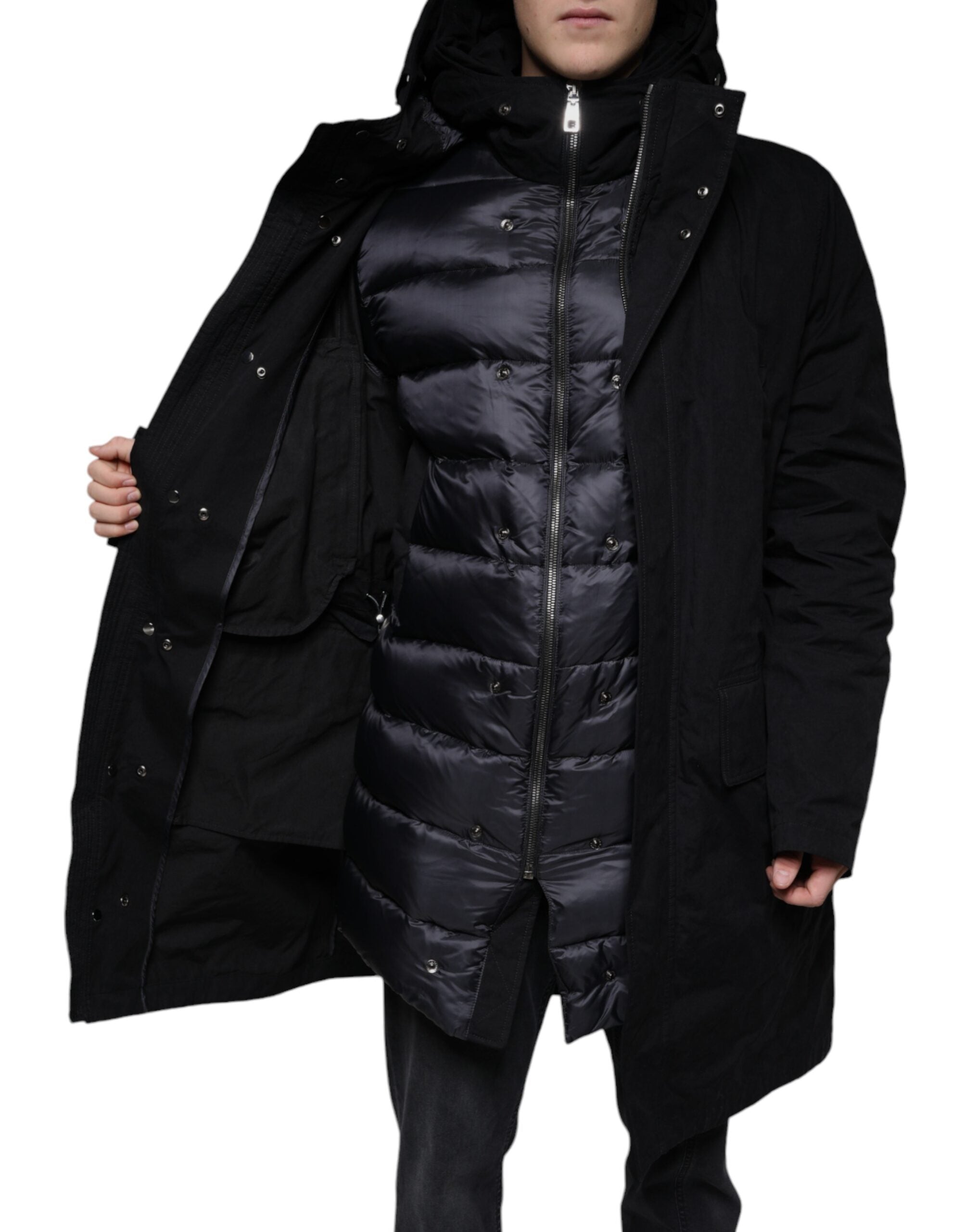 Black Hooded Parka Cotton Trench Coat Jacket - ventzia