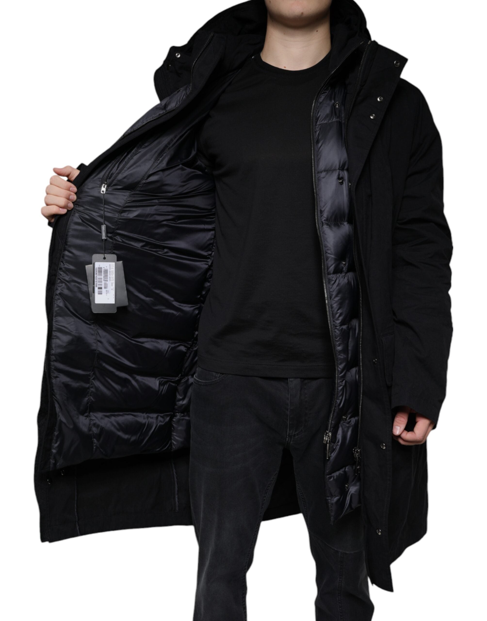Black Hooded Parka Cotton Trench Coat Jacket - ventzia