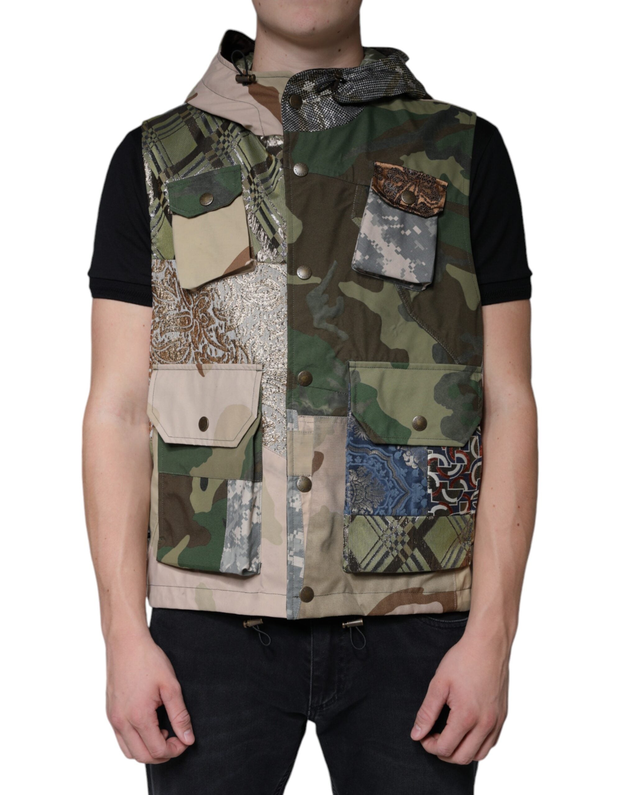 Multicolor Patchwork Hooded Vest Jacket - ventzia