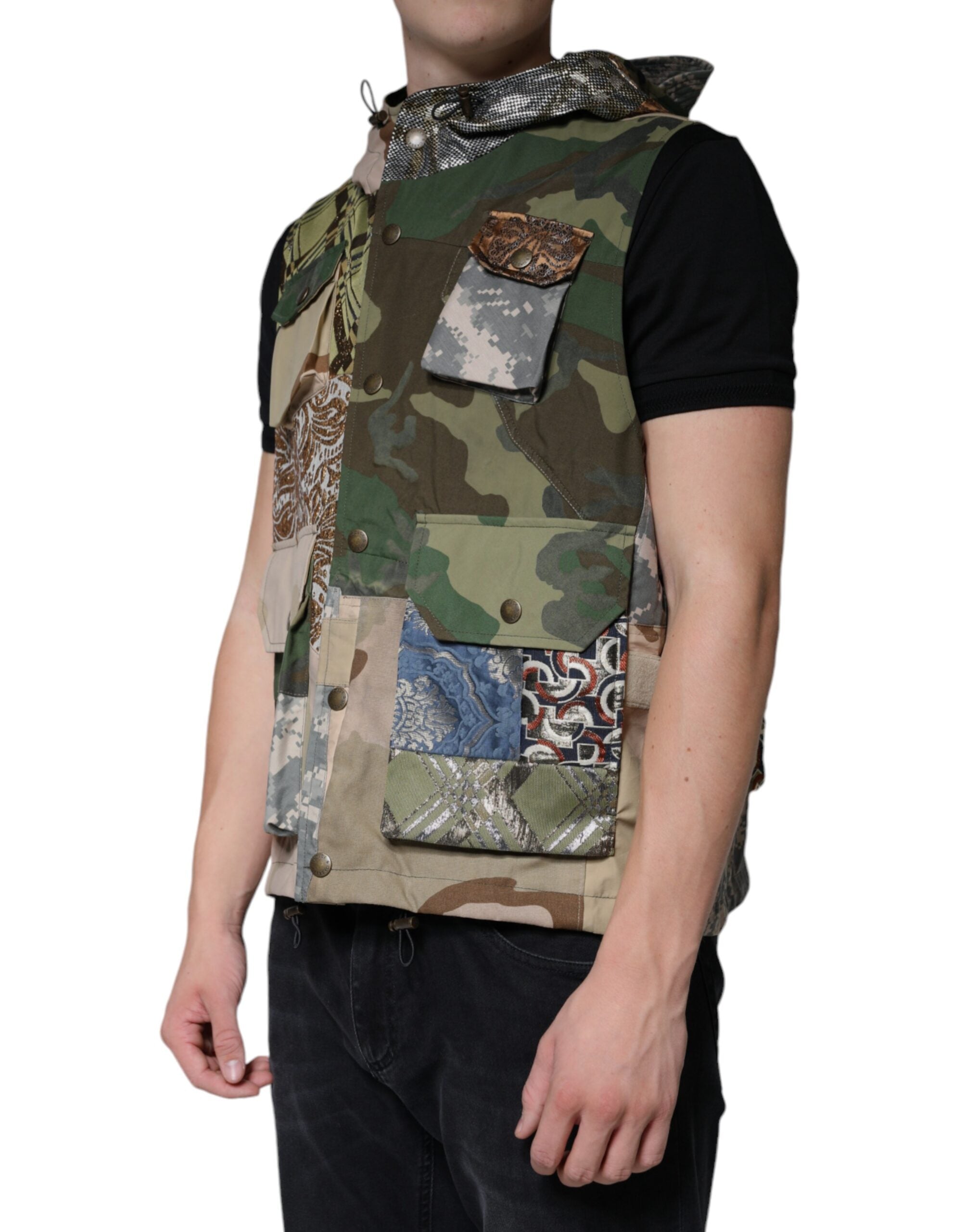 Multicolor Patchwork Hooded Vest Jacket - ventzia