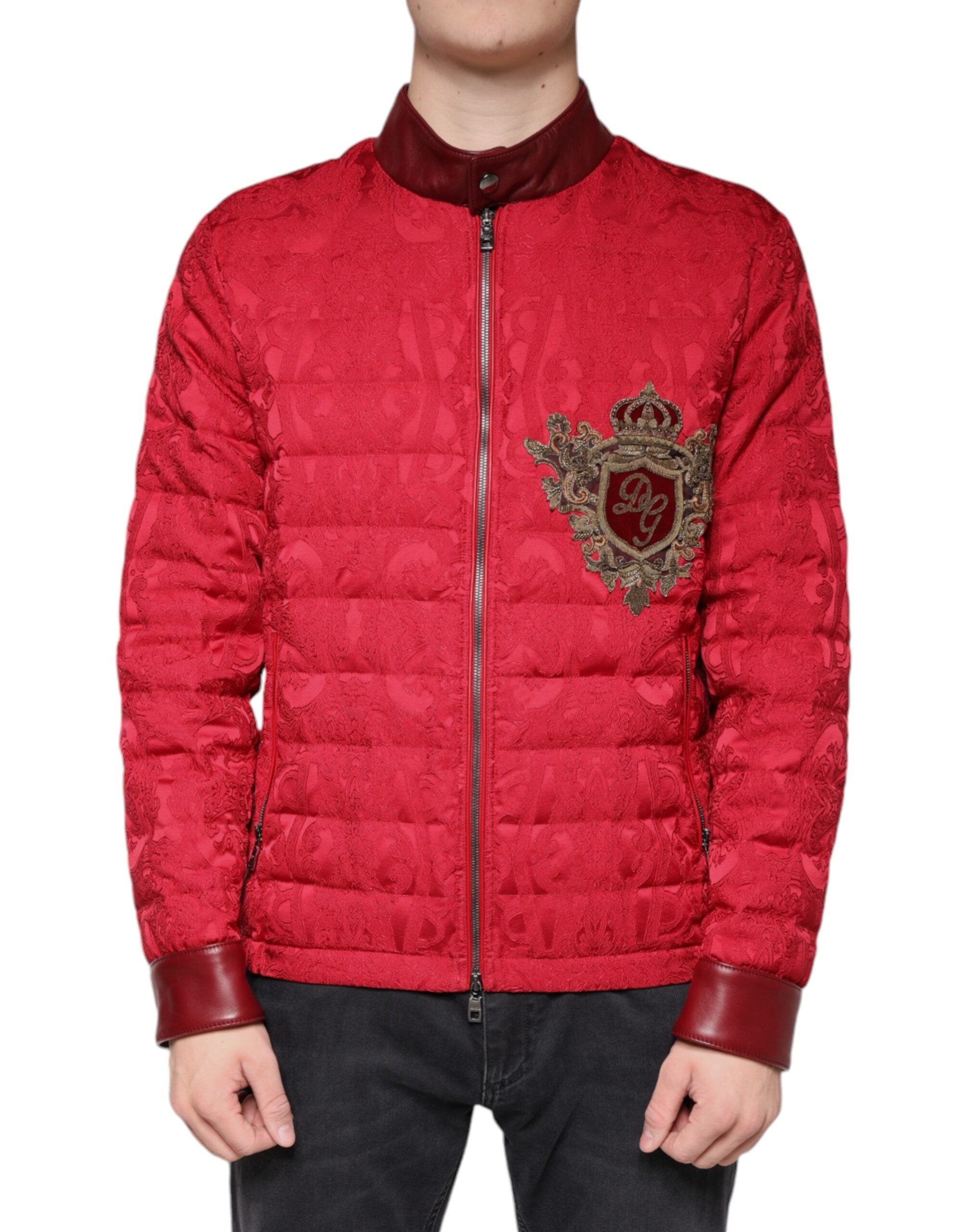 Red Quilted Bomber Gold Crown Logo Jacket - ventzia