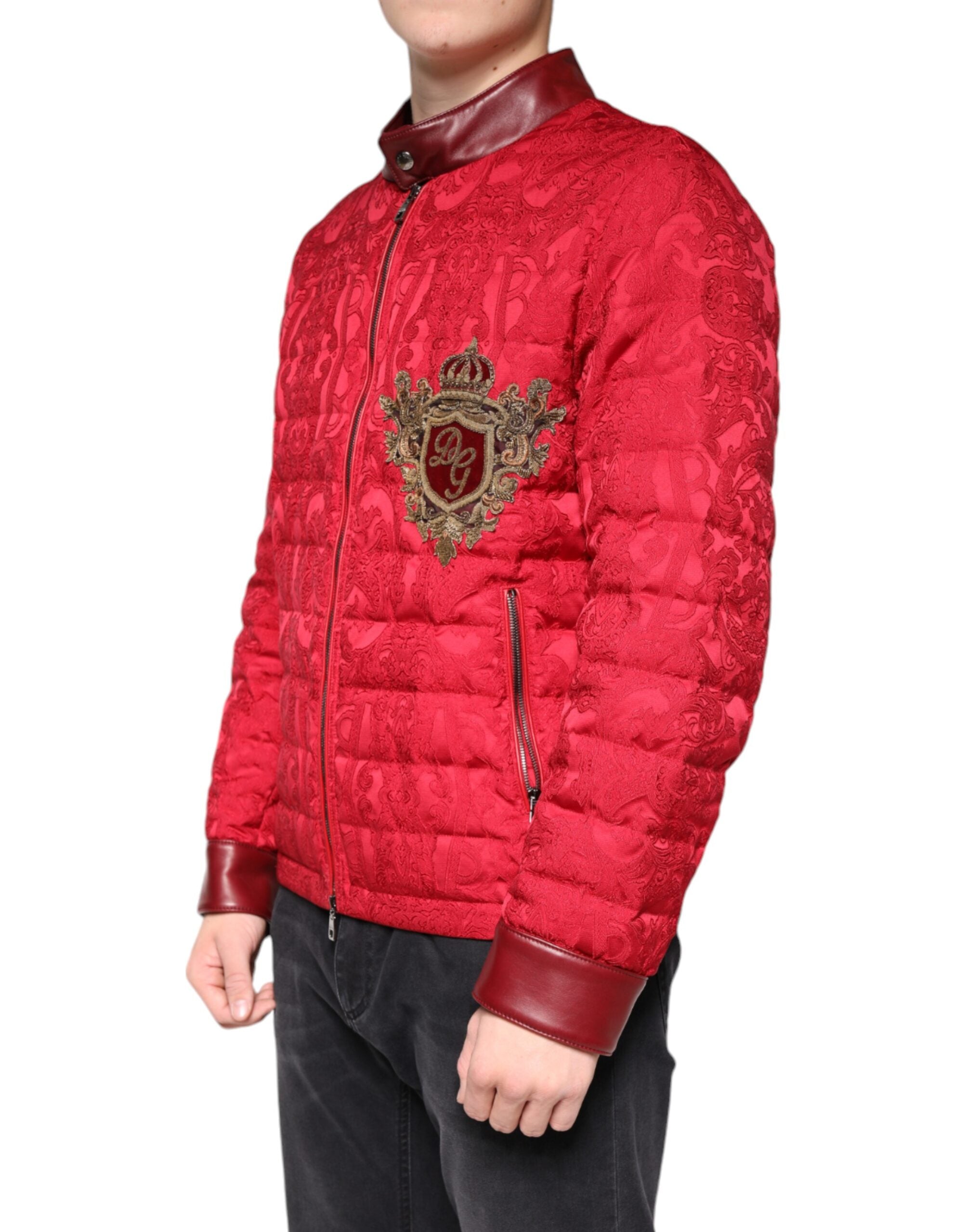 Red Quilted Bomber Gold Crown Logo Jacket - ventzia