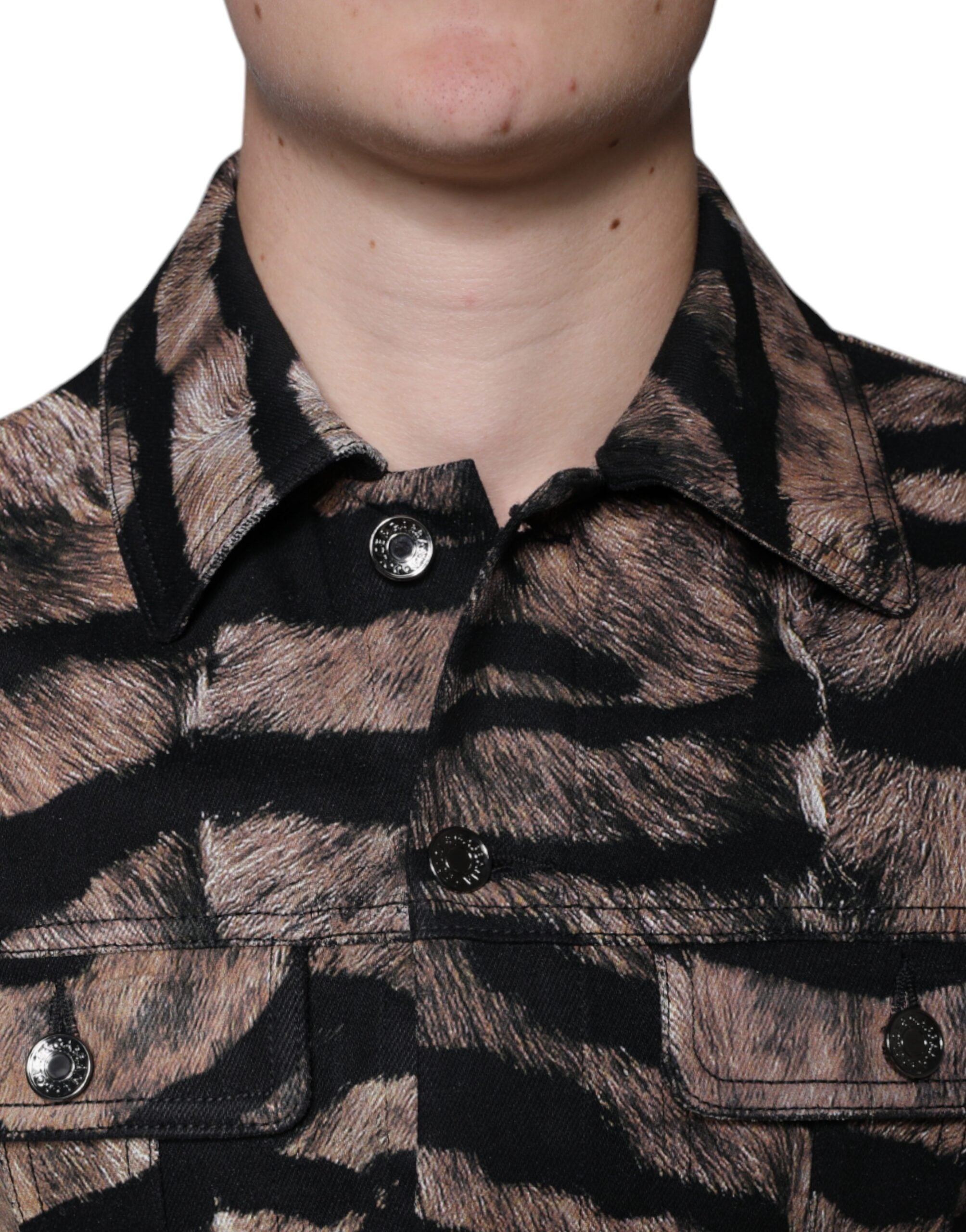 Brown Tiger Button Down Collared Jacket - ventzia