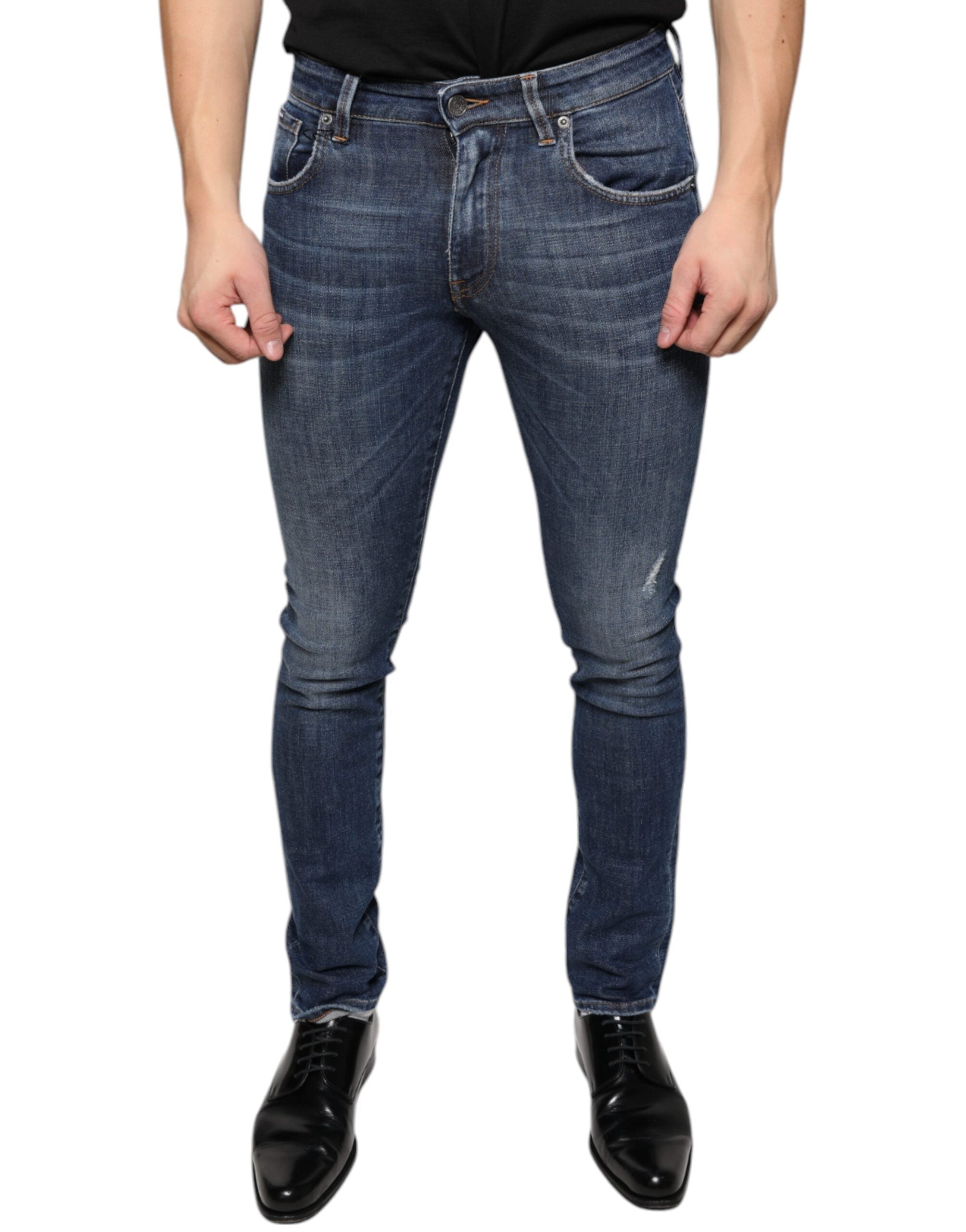 Dark Blue Washed Cotton Skinny Denim Jeans - ventzia