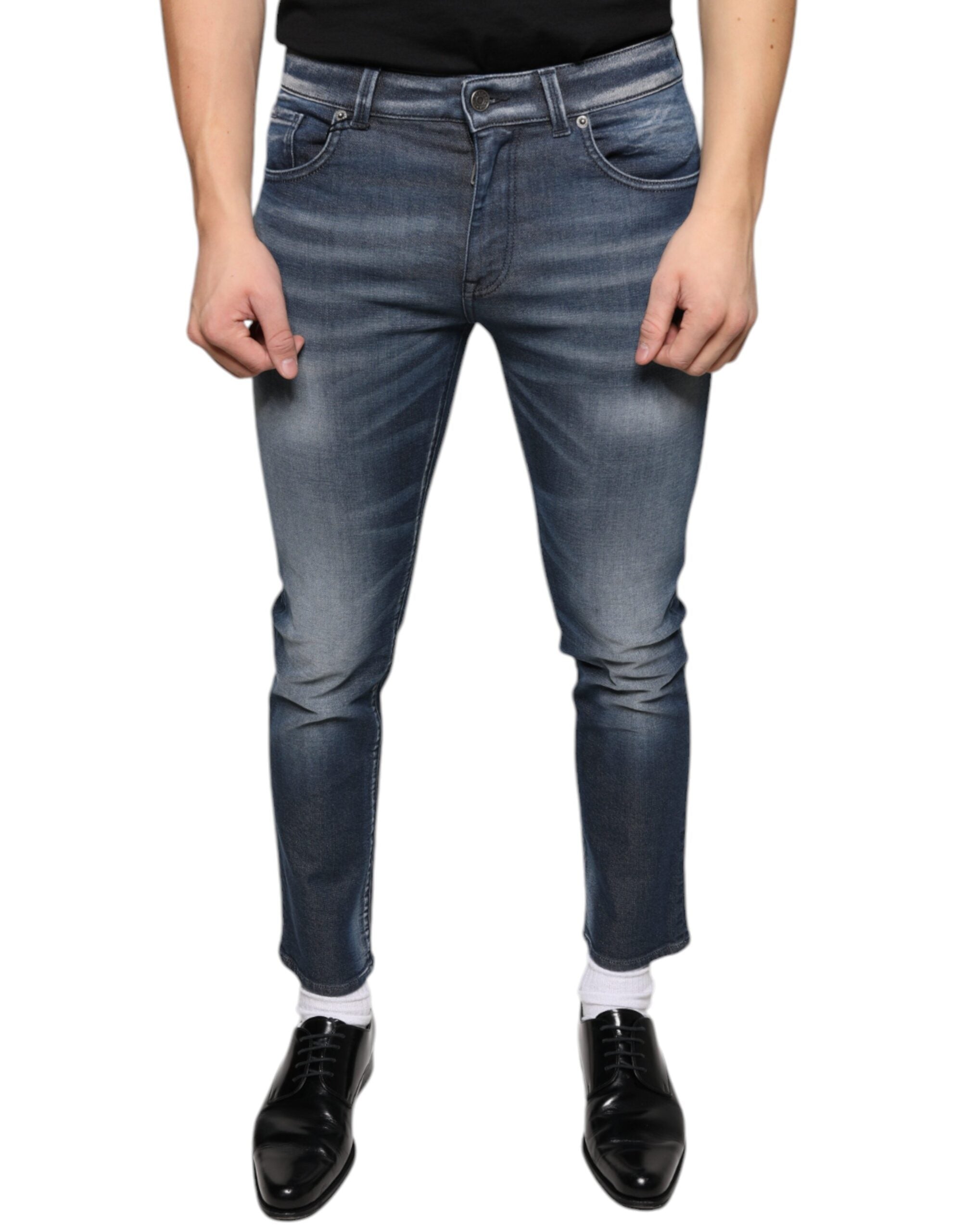 Dark Blue Washed Cotton Skinny Denim Jeans - ventzia