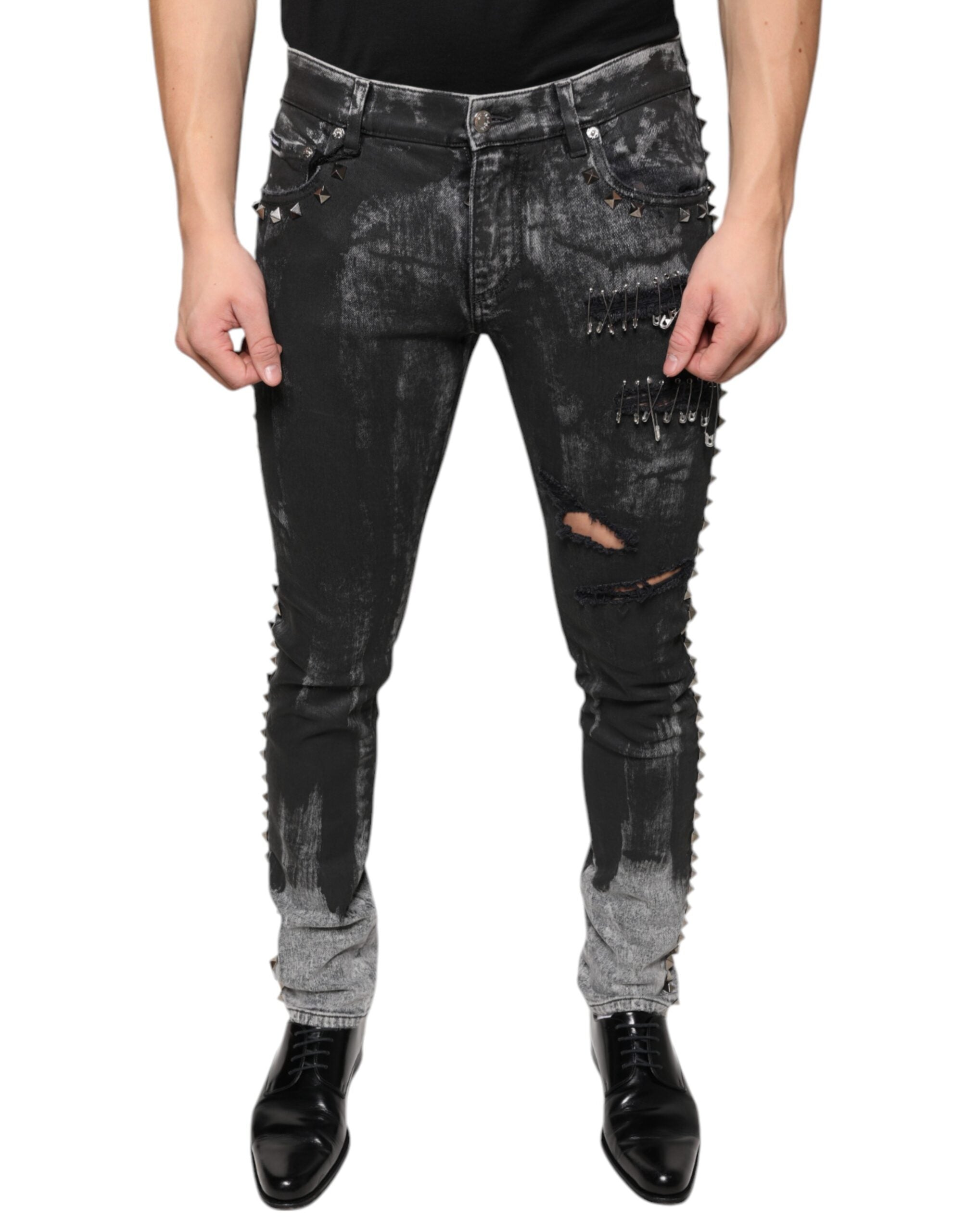 Black Embellished Cotton Skinny Denim Jeans - ventzia