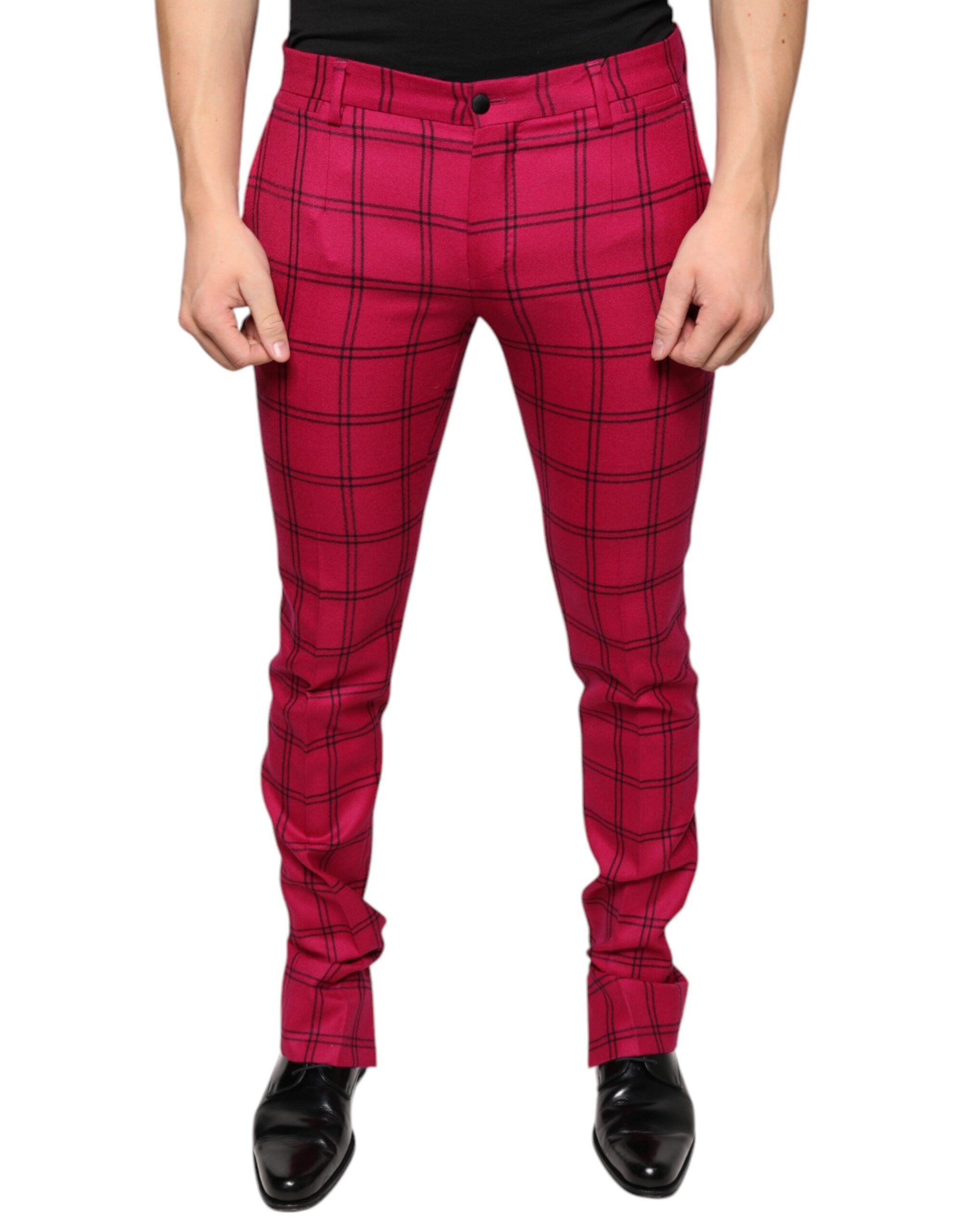 Pink Checkered Wool Skinny Pants - ventzia