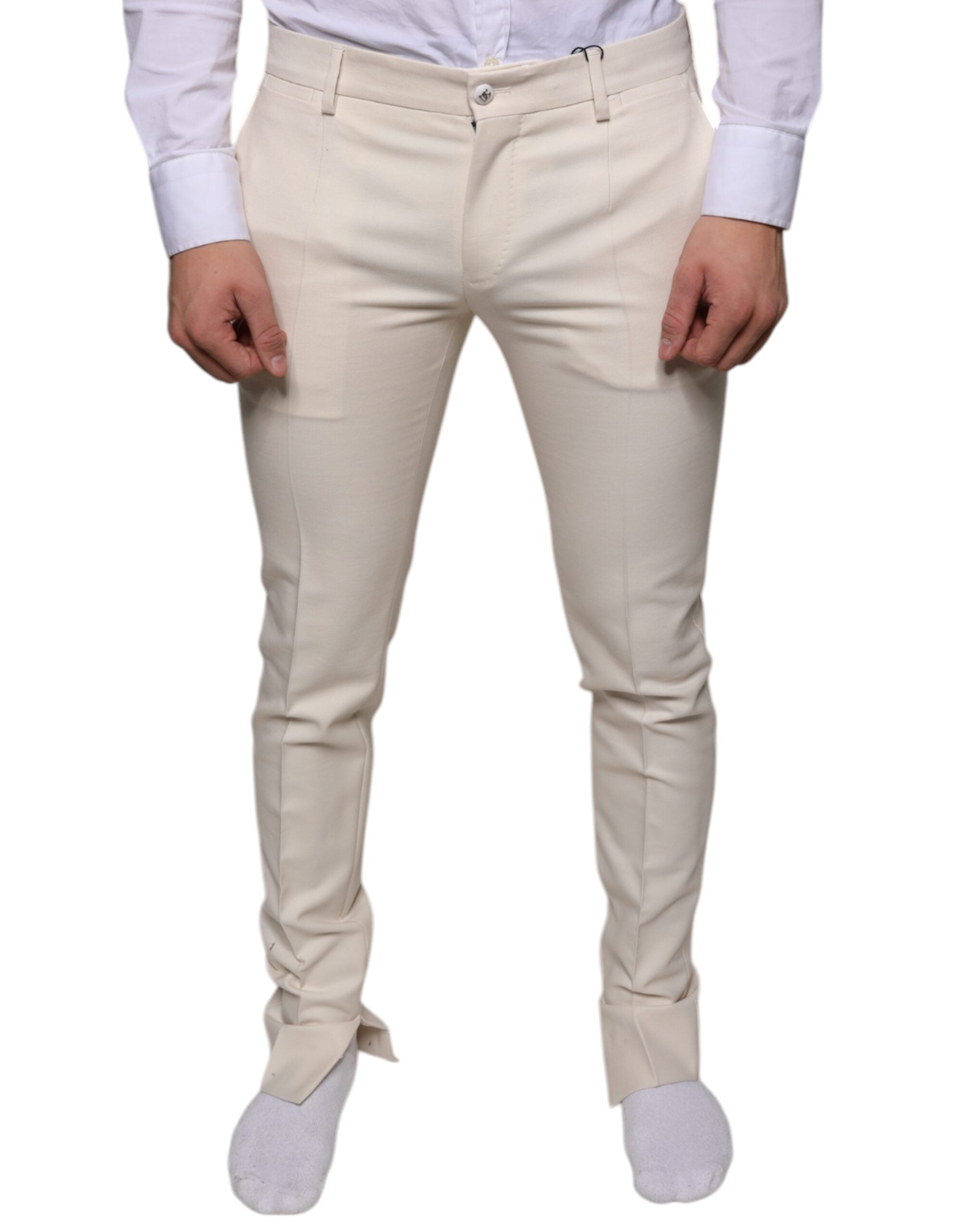 Off White Chino Wool Skinny Pants - ventzia
