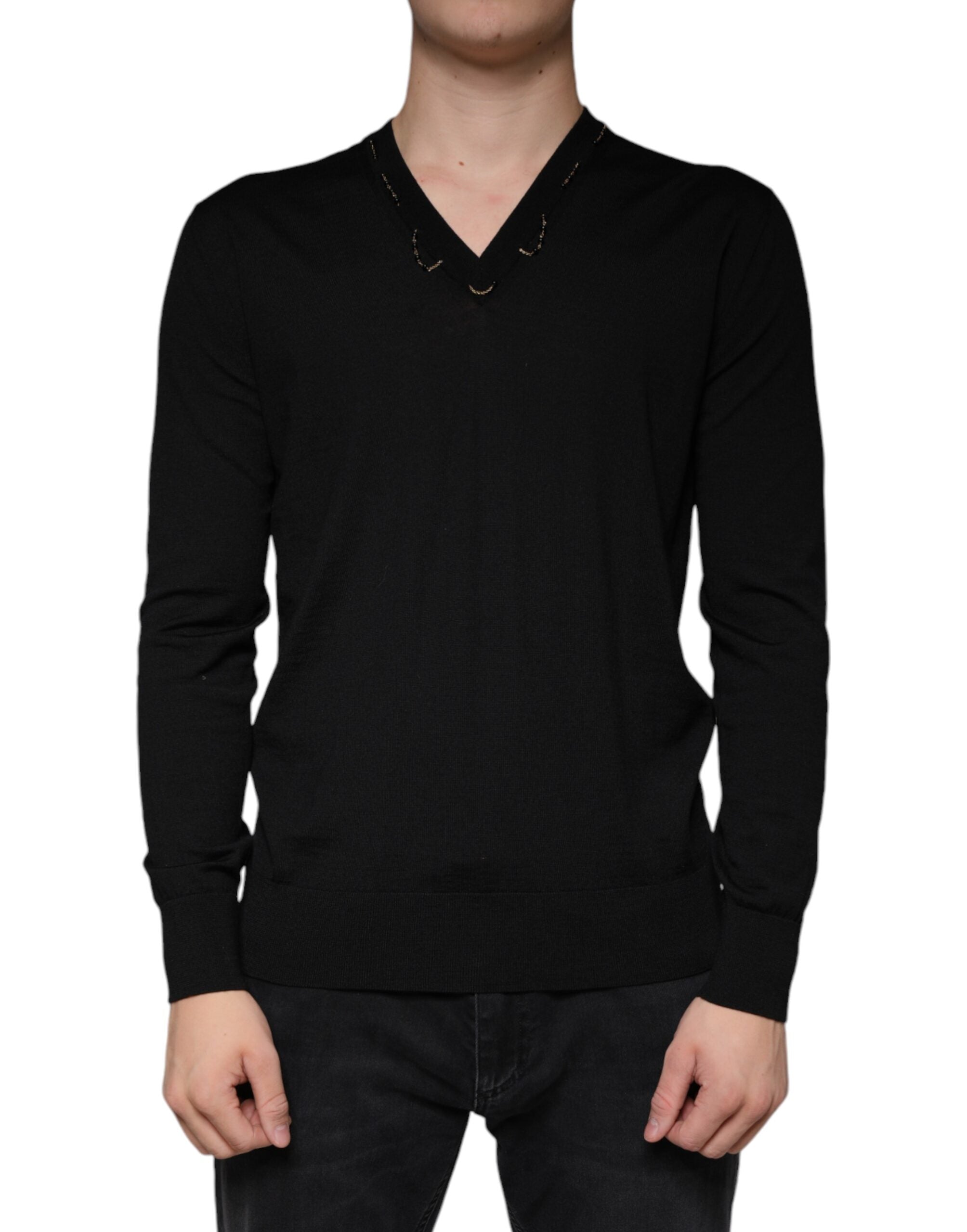 Black Embellished V-neck Pullover Sweater - ventzia