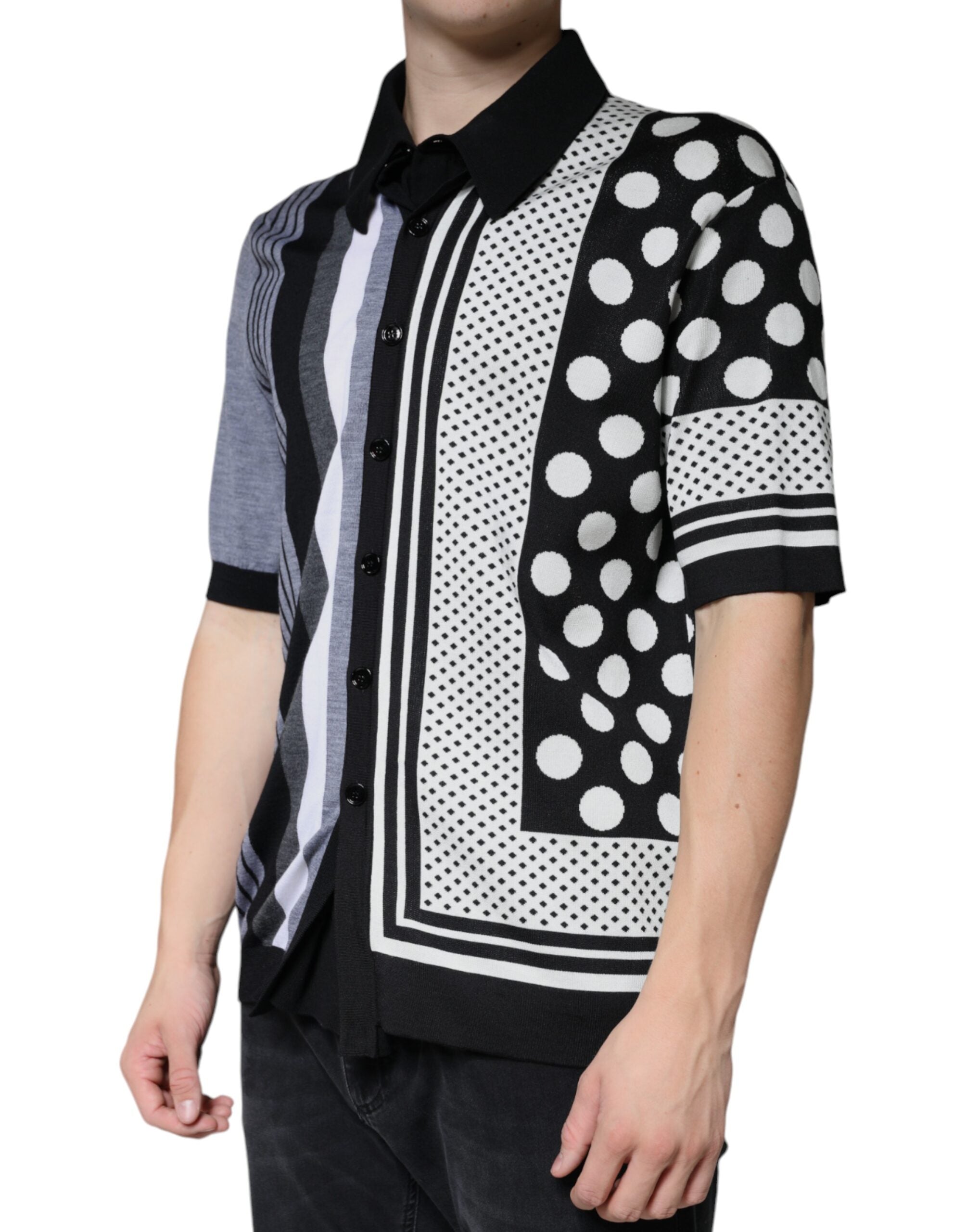 Black White Polka Dot Collared Polo T-shirt - ventzia