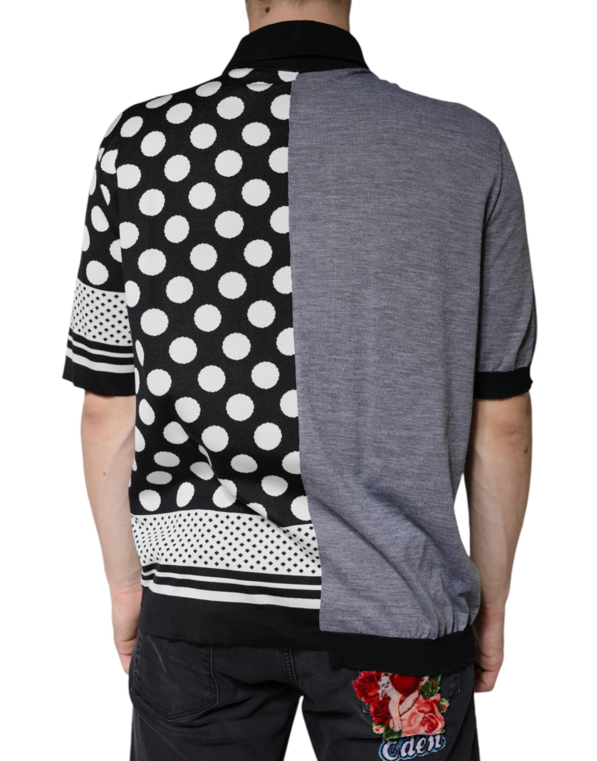 Black White Polka Dot Collared Polo T-shirt - ventzia