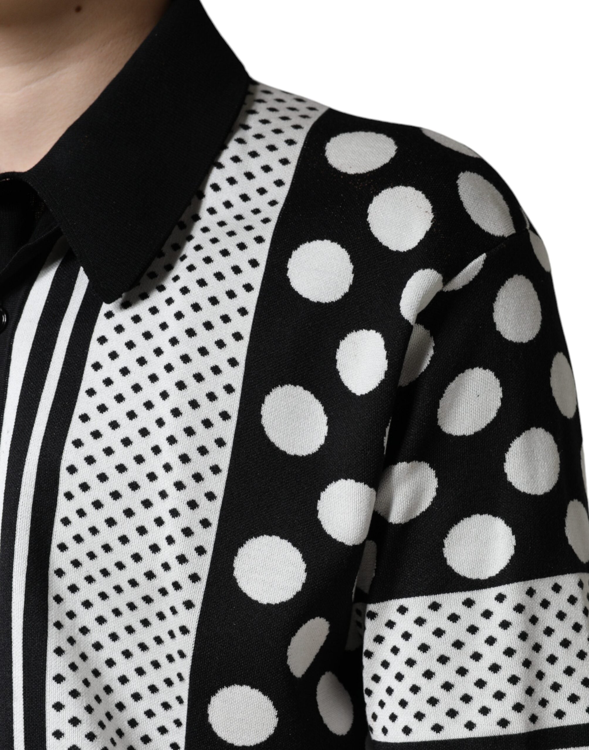 Black White Polka Dot Collared Polo T-shirt - ventzia